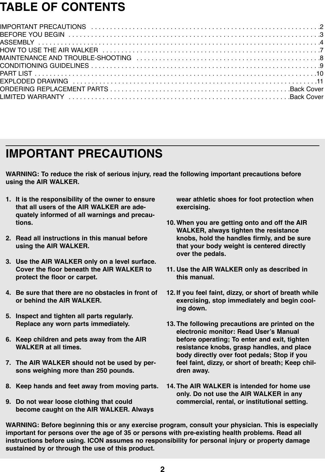 Page 2 of 12 - Proform Proform-Pfmc77755-Air-Walker-Users-Manual- *PFMC77755 138485  Proform-pfmc77755-air-walker-users-manual