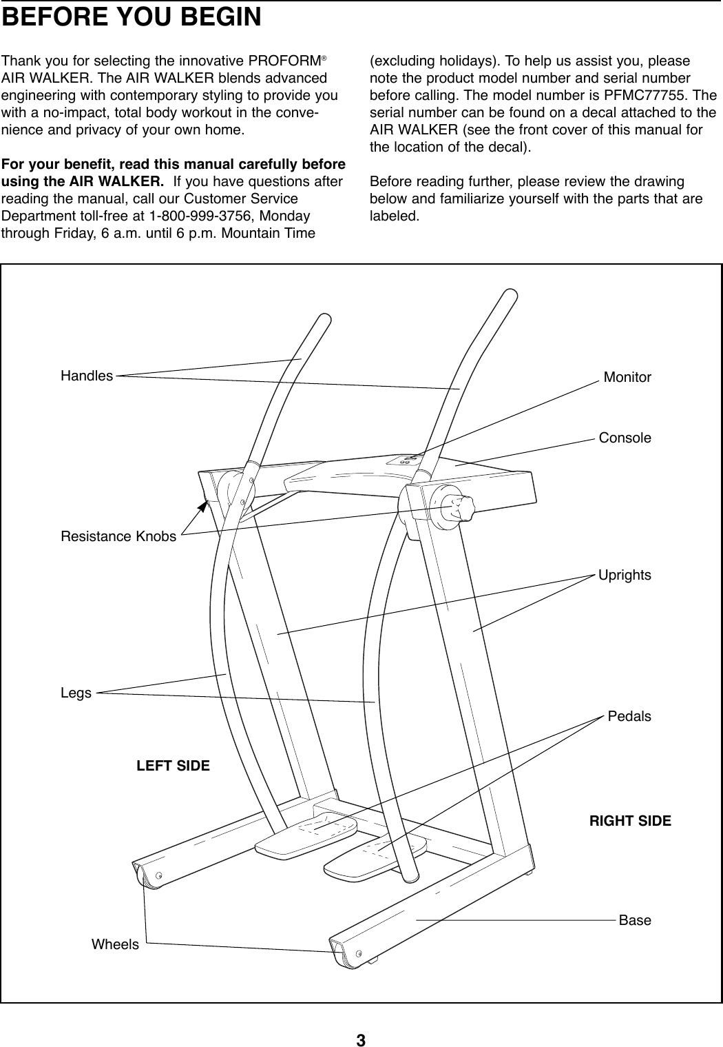 Page 3 of 12 - Proform Proform-Pfmc77755-Air-Walker-Users-Manual- *PFMC77755 138485  Proform-pfmc77755-air-walker-users-manual