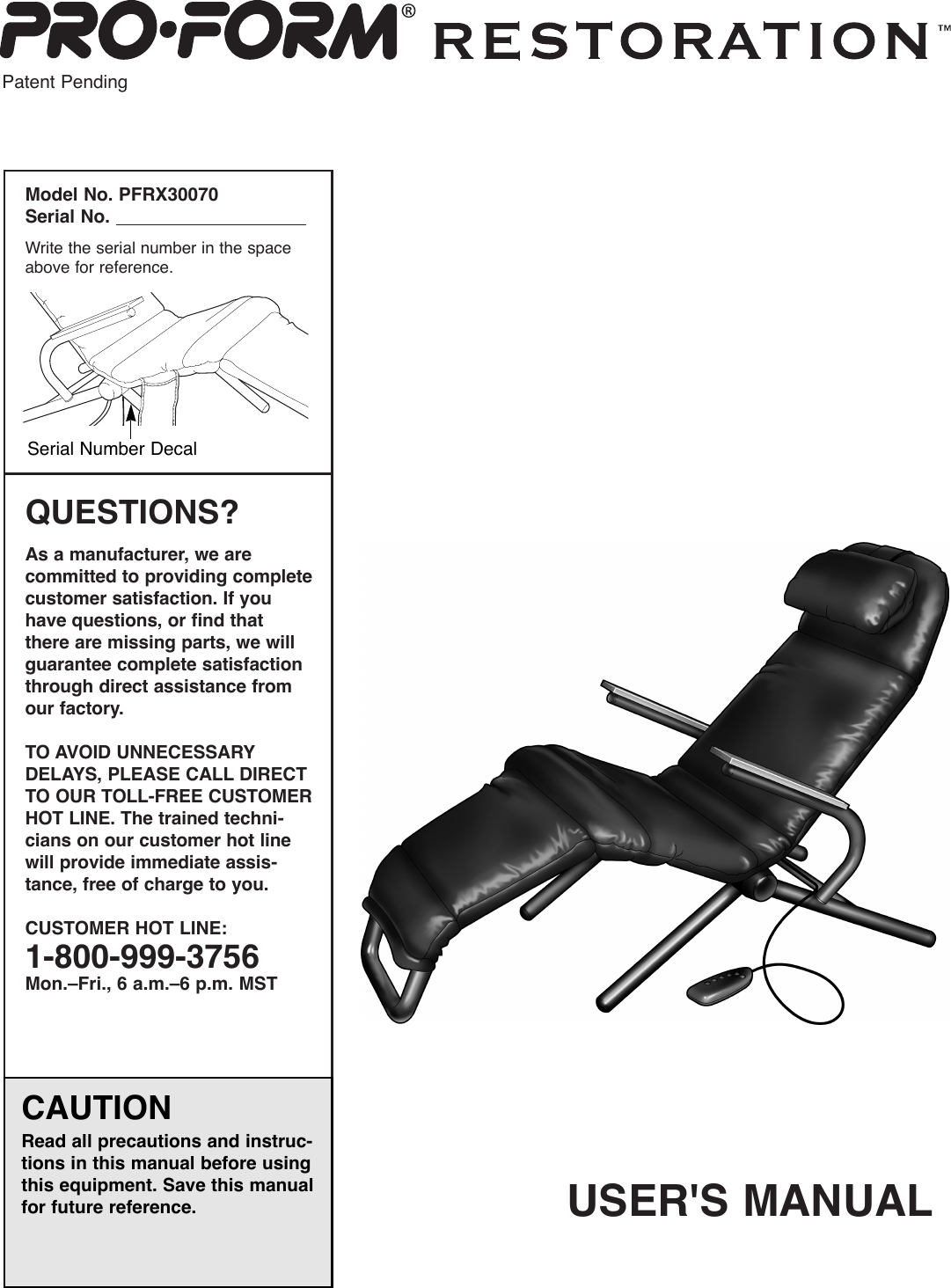 Page 1 of 8 - Proform Proform-Pfrx30070-Restoration-3100-Massage-Chair-Users-Manual- *PFRX30070-138895  Proform-pfrx30070-restoration-3100-massage-chair-users-manual