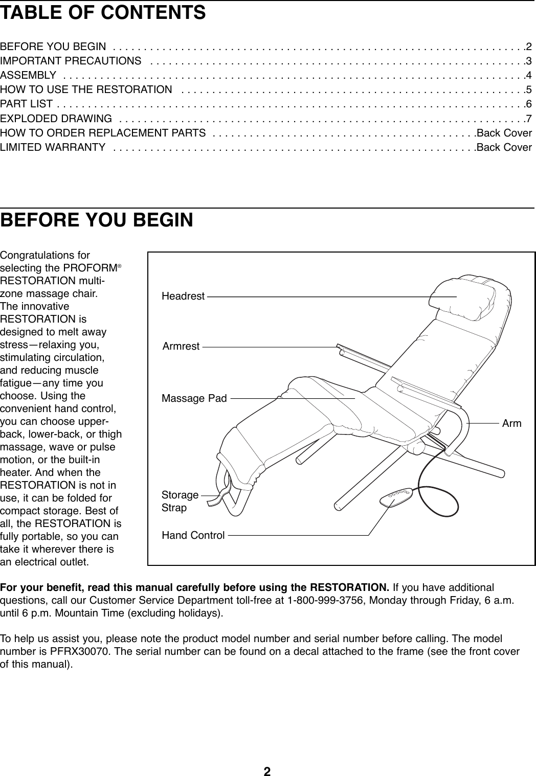 Page 2 of 8 - Proform Proform-Pfrx30070-Restoration-3100-Massage-Chair-Users-Manual- *PFRX30070-138895  Proform-pfrx30070-restoration-3100-massage-chair-users-manual