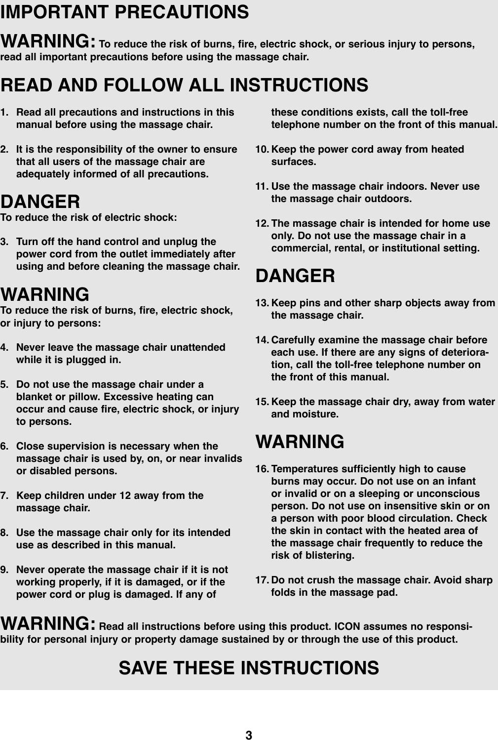 Page 3 of 8 - Proform Proform-Pfrx30070-Restoration-3100-Massage-Chair-Users-Manual- *PFRX30070-138895  Proform-pfrx30070-restoration-3100-massage-chair-users-manual