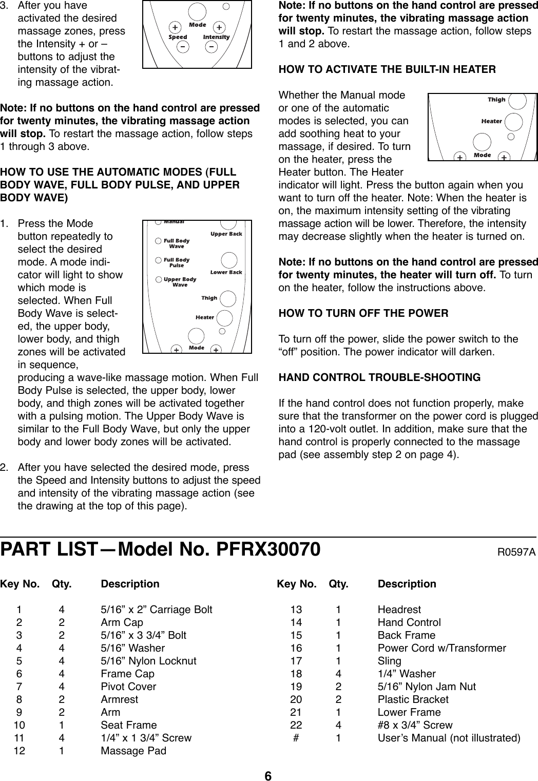 Page 6 of 8 - Proform Proform-Pfrx30070-Restoration-3100-Massage-Chair-Users-Manual- *PFRX30070-138895  Proform-pfrx30070-restoration-3100-massage-chair-users-manual