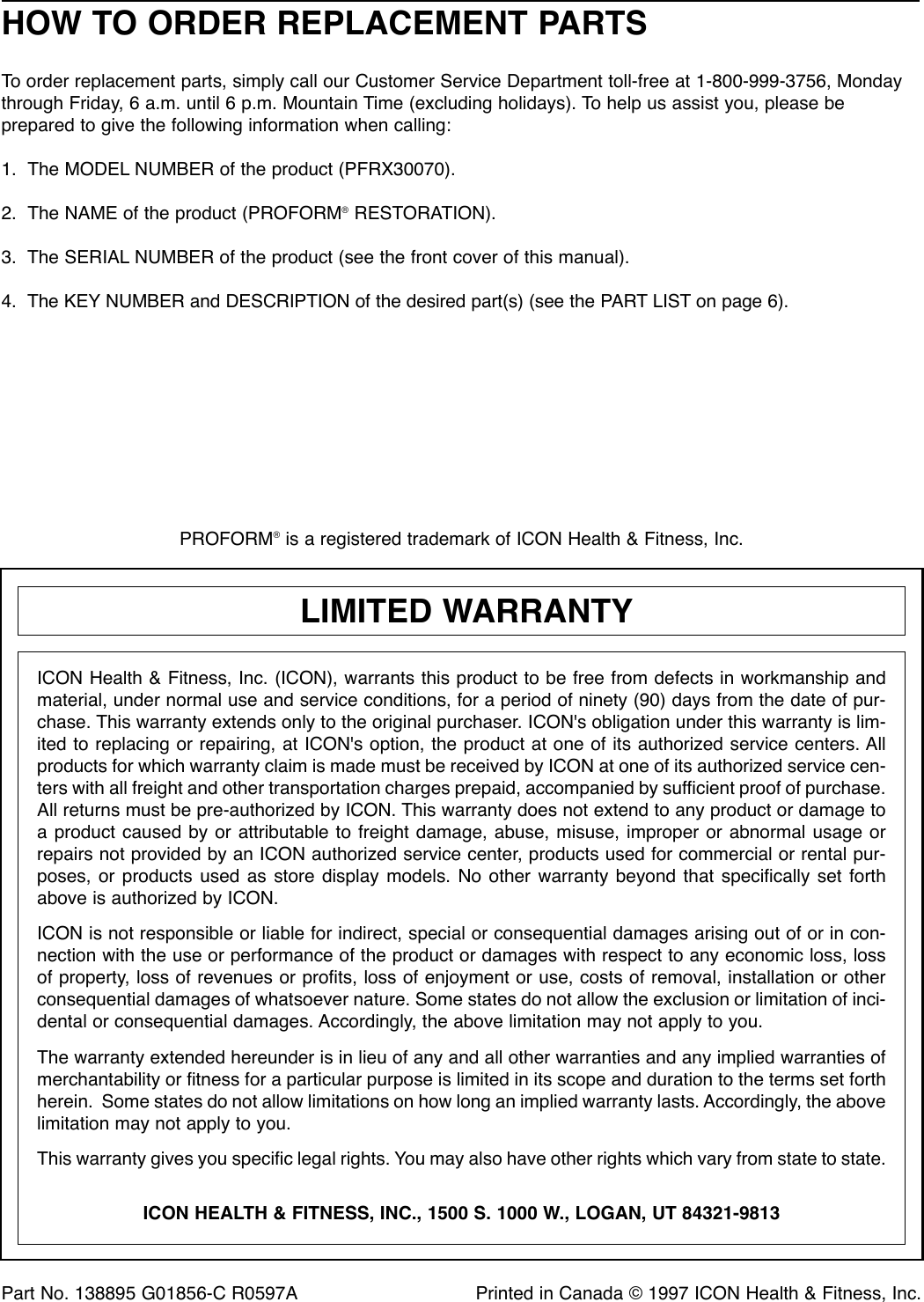 Page 8 of 8 - Proform Proform-Pfrx30070-Restoration-3100-Massage-Chair-Users-Manual- *PFRX30070-138895  Proform-pfrx30070-restoration-3100-massage-chair-users-manual