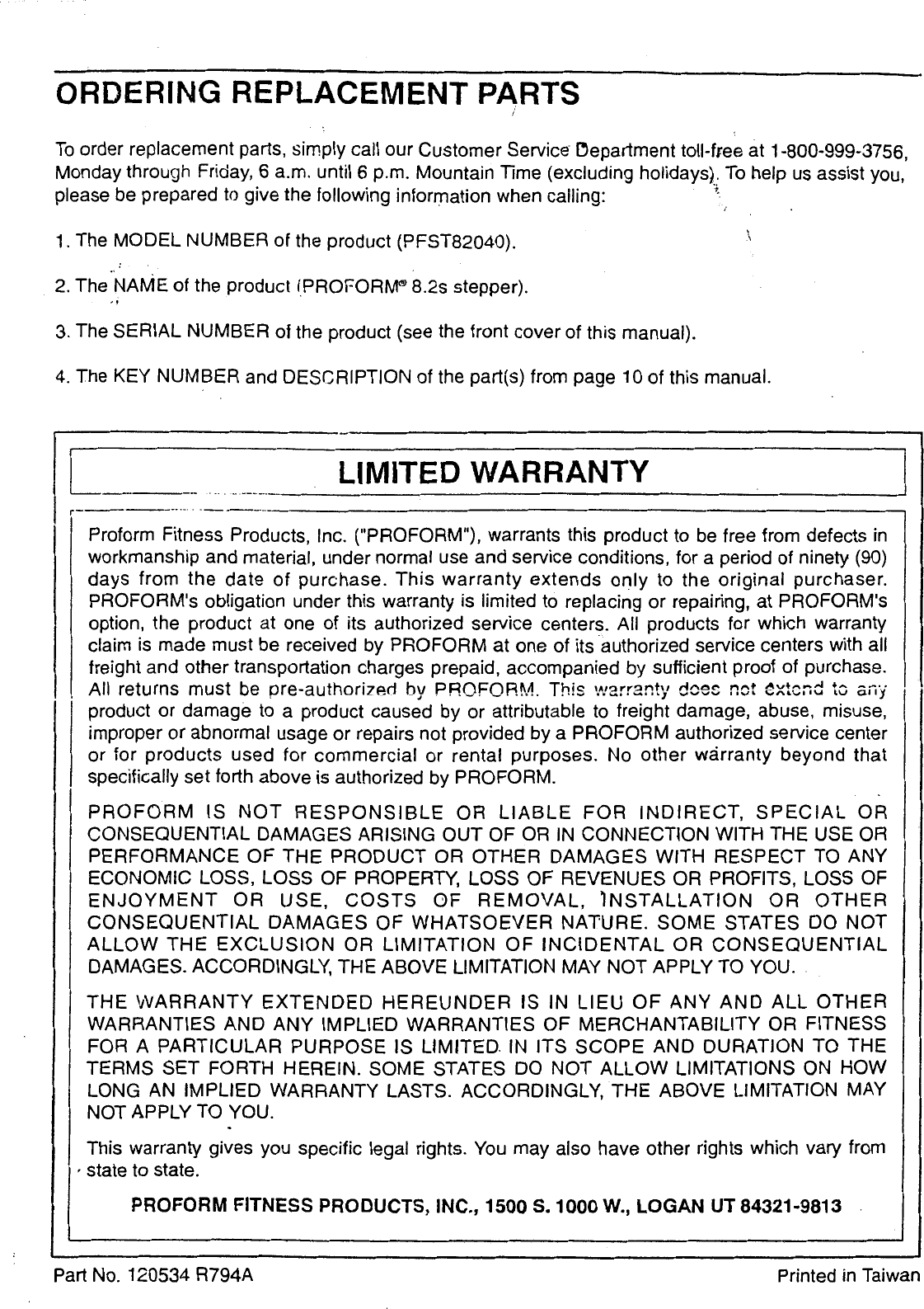 Page 12 of 12 - Proform Proform-Pfst82040-8-2S-Stepper-Users-Manual-  Proform-pfst82040-8-2s-stepper-users-manual