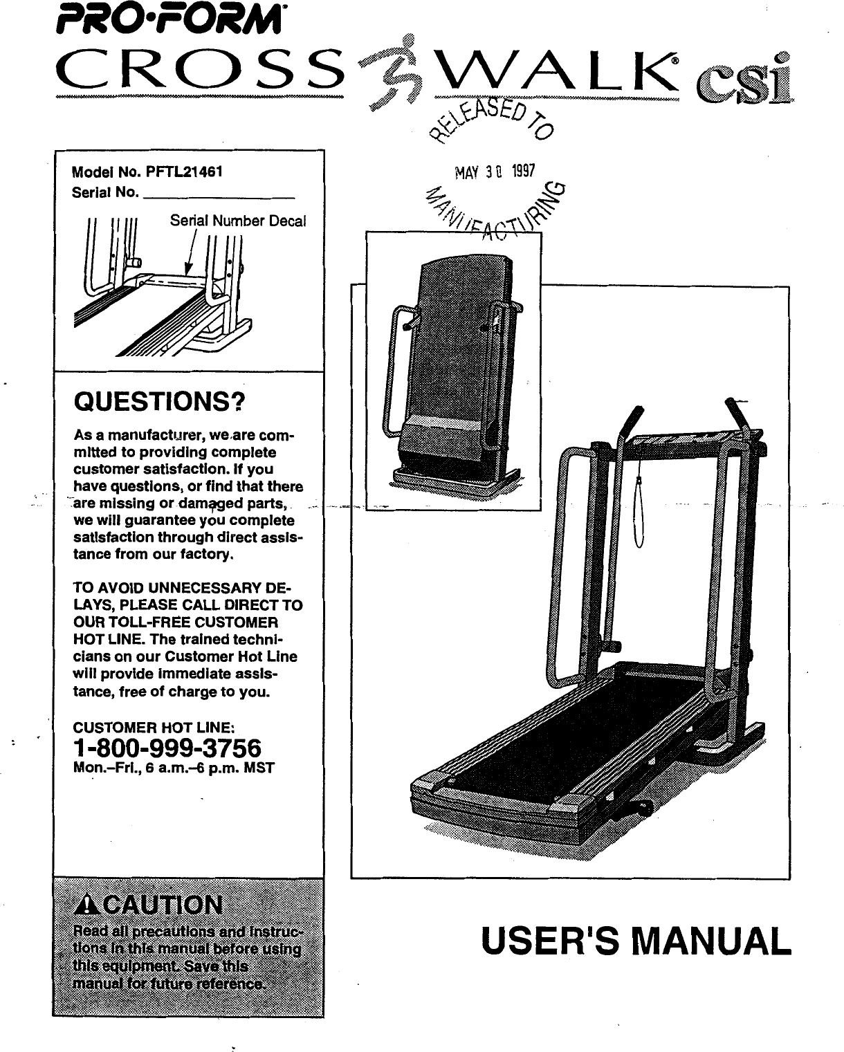 Proform Pftl Crosswalk Csi Treadmill Users Manual