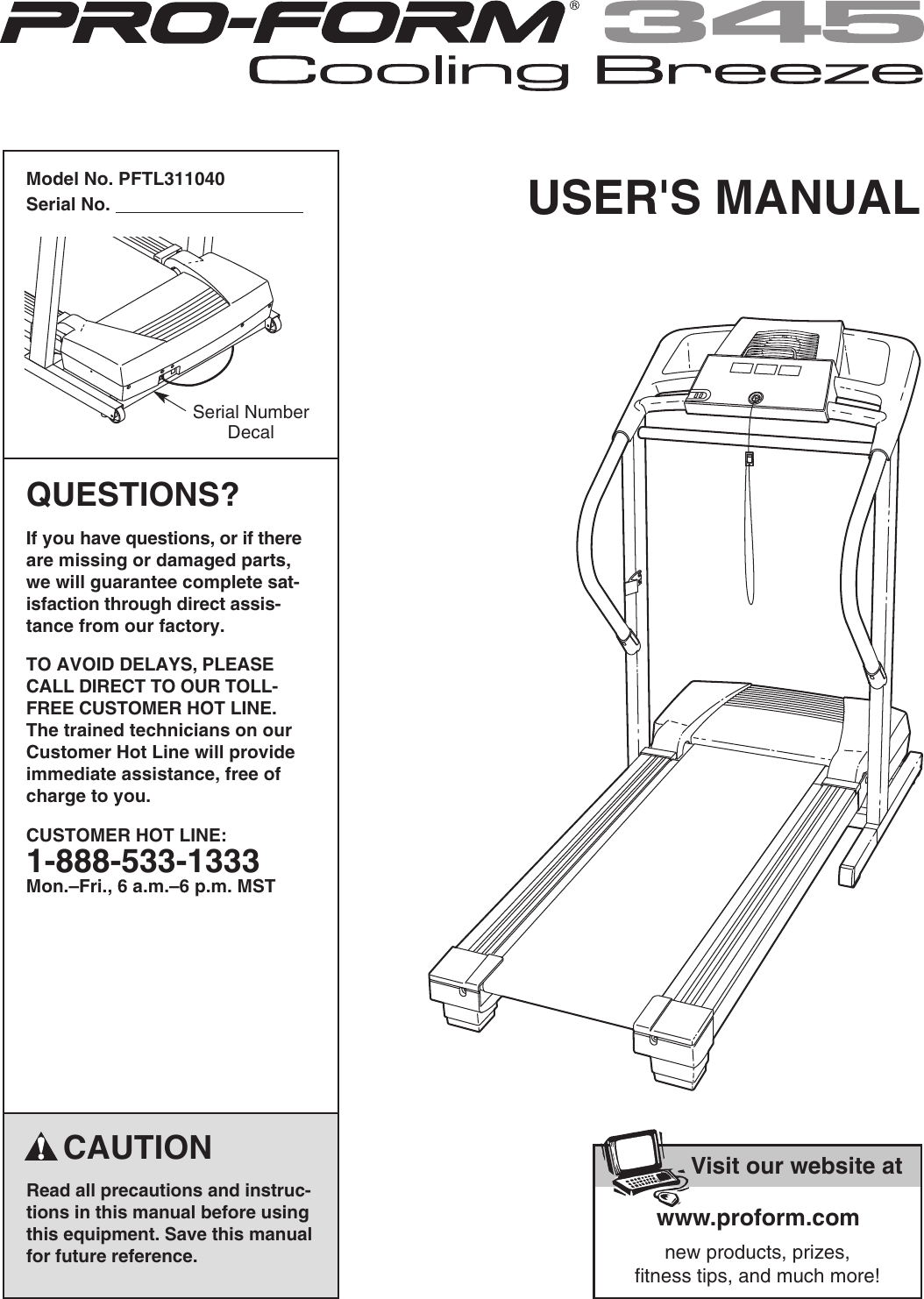 Proform Pftl311040 345 Treadmill Users Manual 294241 205863