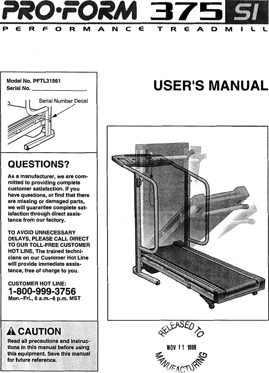 Proform Pftl31561 375 Si Treadmill Users Manual