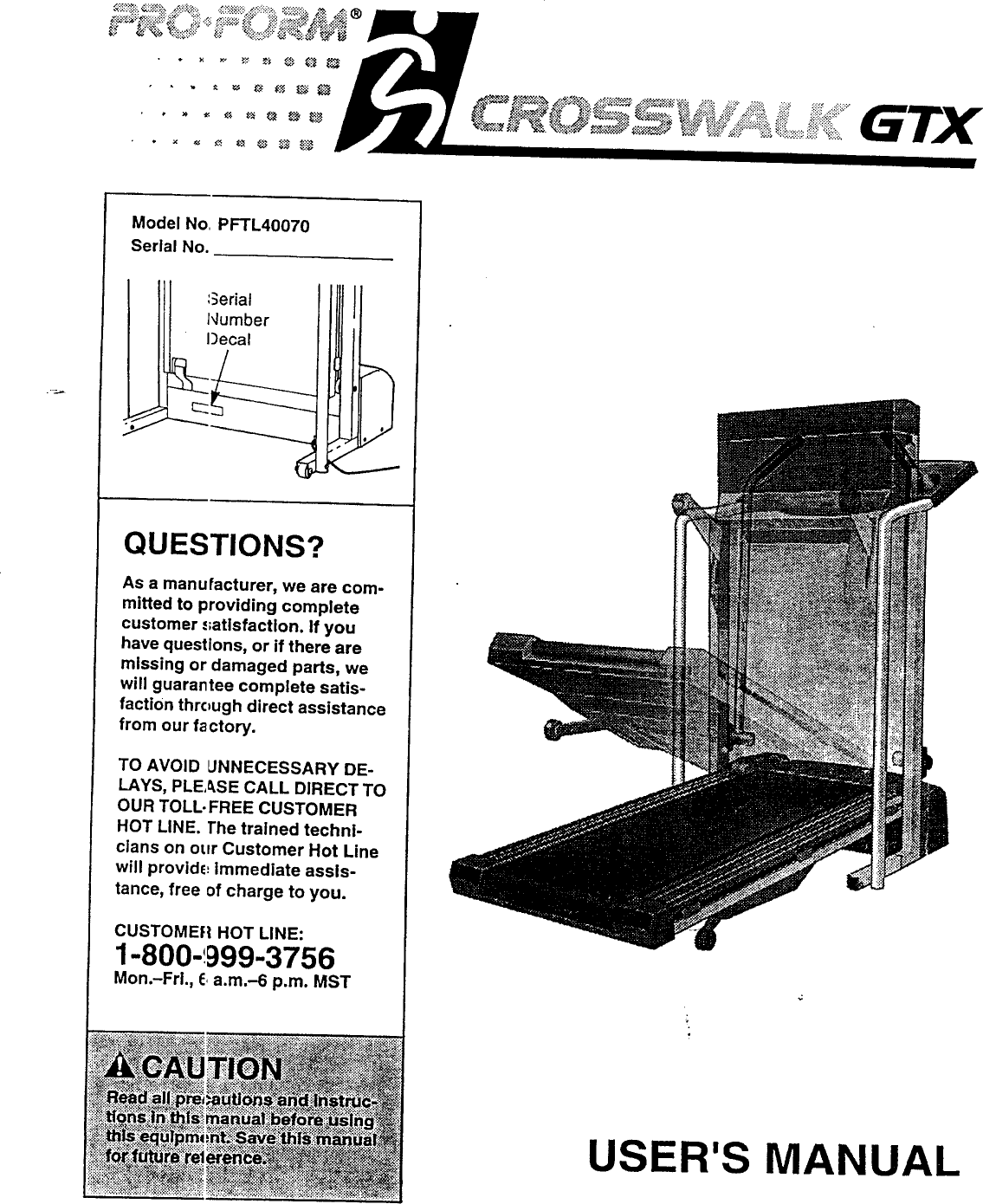 Proform Pftl40070 Crosswalk Gtx Treadmill Users Manual