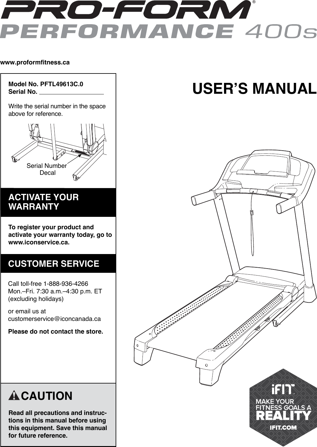 Proform Pftl49613C0 Performance 400 S Treadmill Users Manual