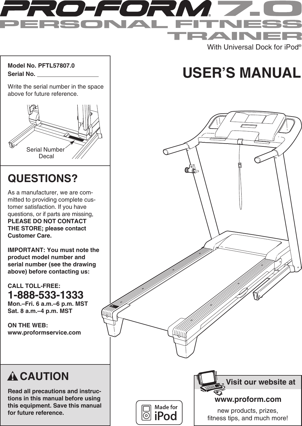 Proform Pftl578070 7 0 Personal Fit Trainer Treadmill Users Manual ...