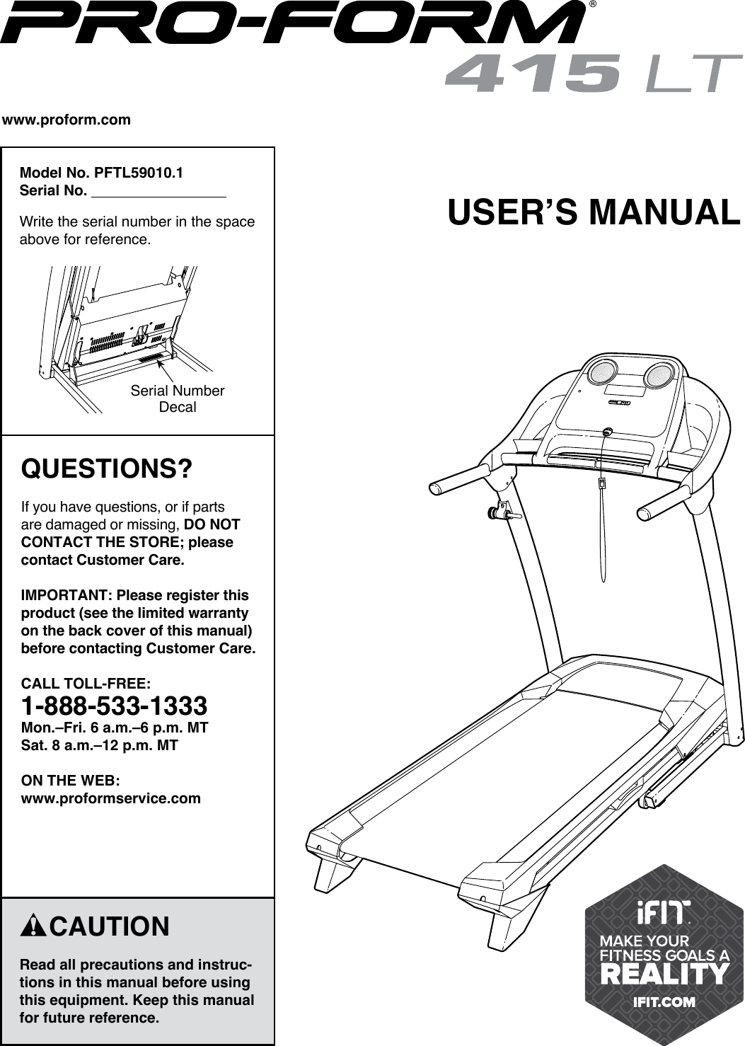 Proform Pftl590101 415 Lt Treadmill Users Manual
