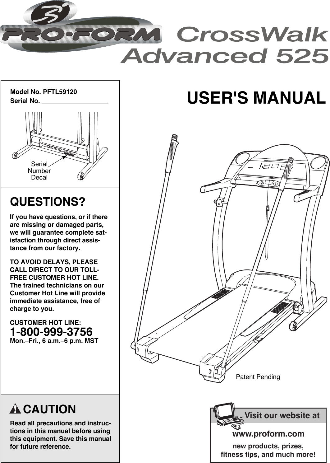 Proform Pftl59120 Crosswalk Advantage 525 Treadmill Users Manual