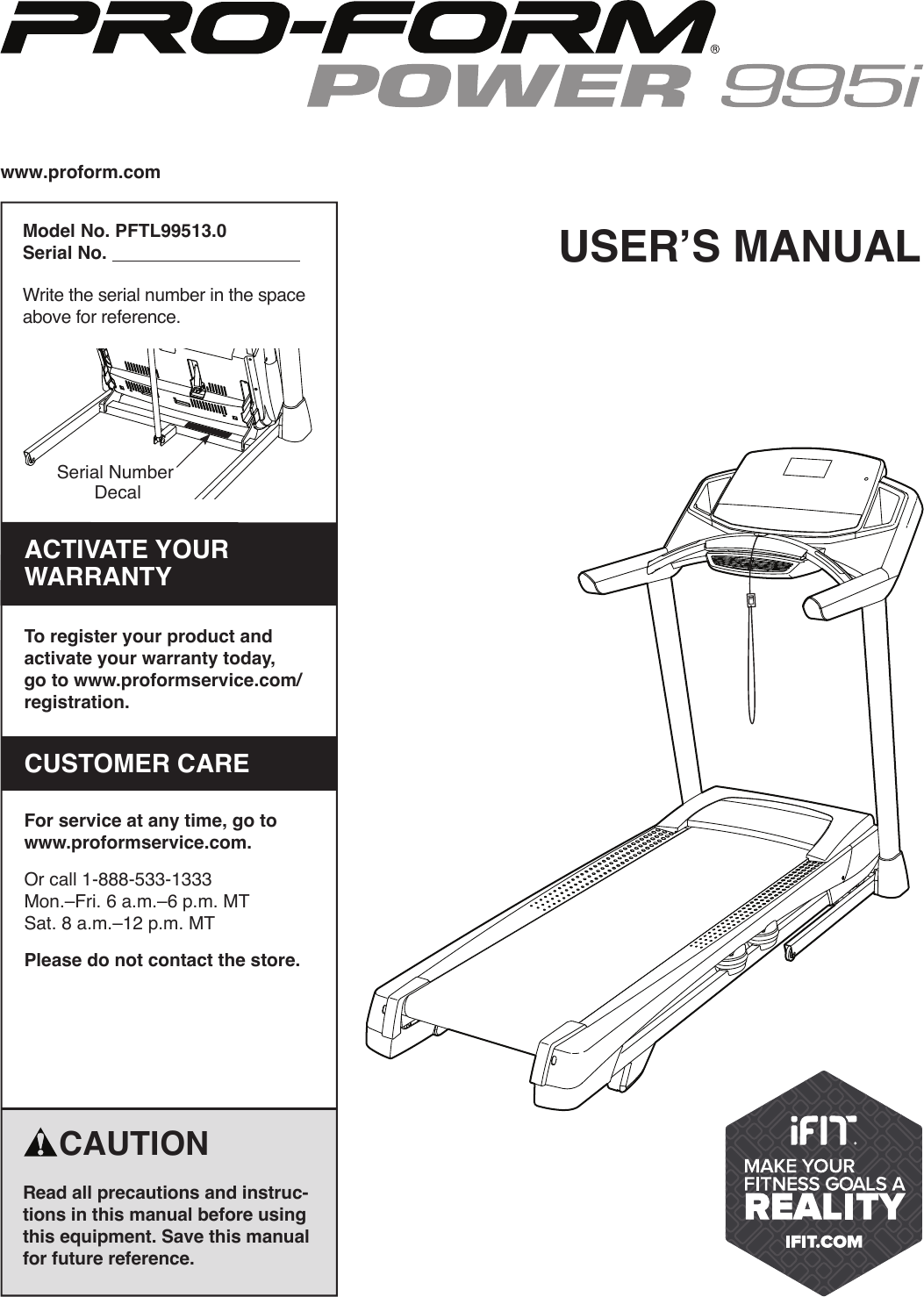 Proform Pftl995130 Power 995 I Treadmill Users Manual PFTL99513.0 349151