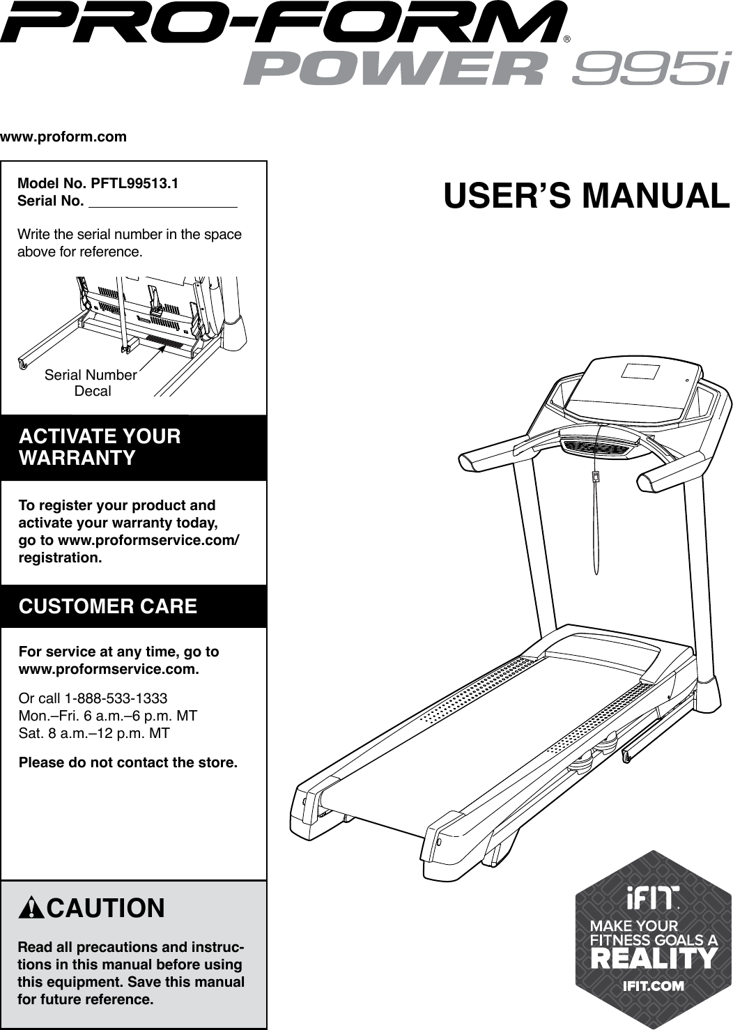 Proform Pftl995131 Power 995 I Treadmill Users Manual