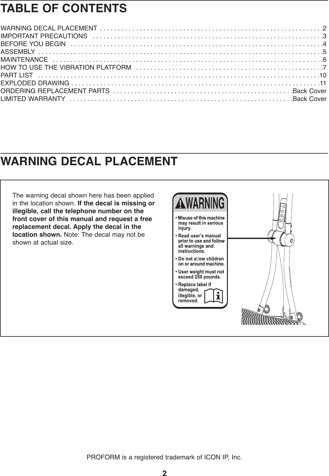 Page 2 of 12 - Proform Proform-Pfvb29070-Vibration-Bench-Users-Manual- PFEL39031-208048  Proform-pfvb29070-vibration-bench-users-manual