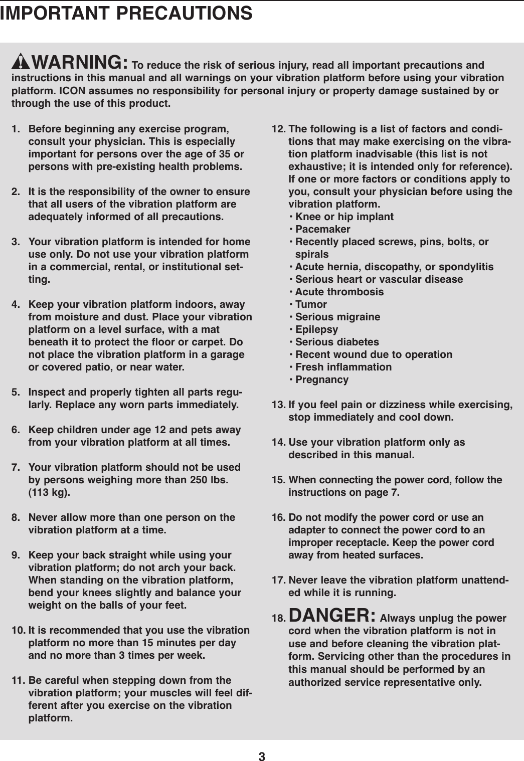 Page 3 of 12 - Proform Proform-Pfvb29070-Vibration-Bench-Users-Manual- PFEL39031-208048  Proform-pfvb29070-vibration-bench-users-manual