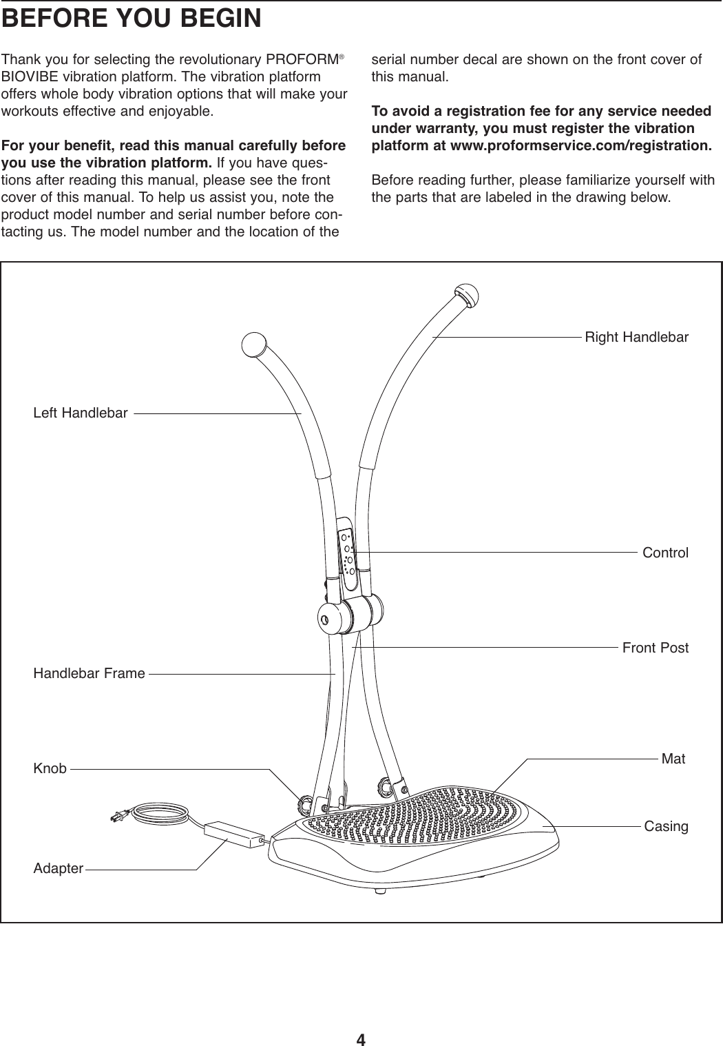 Page 4 of 12 - Proform Proform-Pfvb29070-Vibration-Bench-Users-Manual- PFEL39031-208048  Proform-pfvb29070-vibration-bench-users-manual