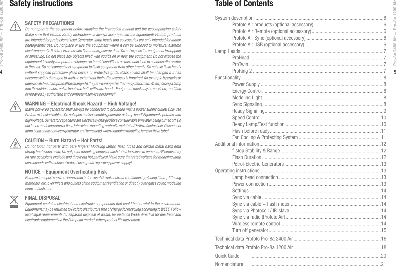 Page 3 of 12 - Profoto Profoto-Pro-8A-Generator-Pro-8A-1200-Air-Users-Manual- User's Guide Pro-8a 2400 Air / 1200  Profoto-pro-8a-generator-pro-8a-1200-air-users-manual