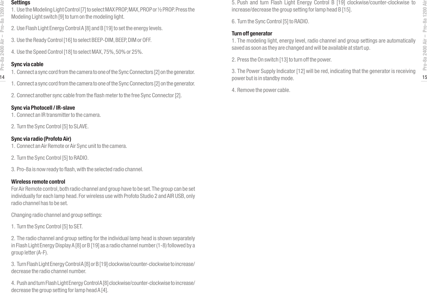 Page 8 of 12 - Profoto Profoto-Pro-8A-Generator-Pro-8A-1200-Air-Users-Manual- User's Guide Pro-8a 2400 Air / 1200  Profoto-pro-8a-generator-pro-8a-1200-air-users-manual