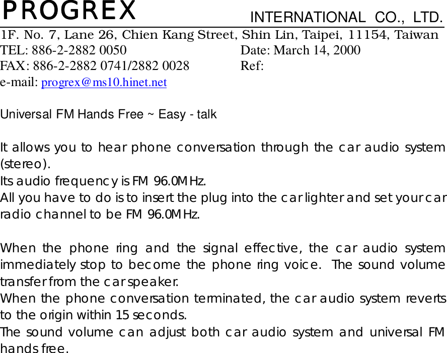 Progrex 0122 Universal FM Hands FreeEasyTalk User Manual Manual