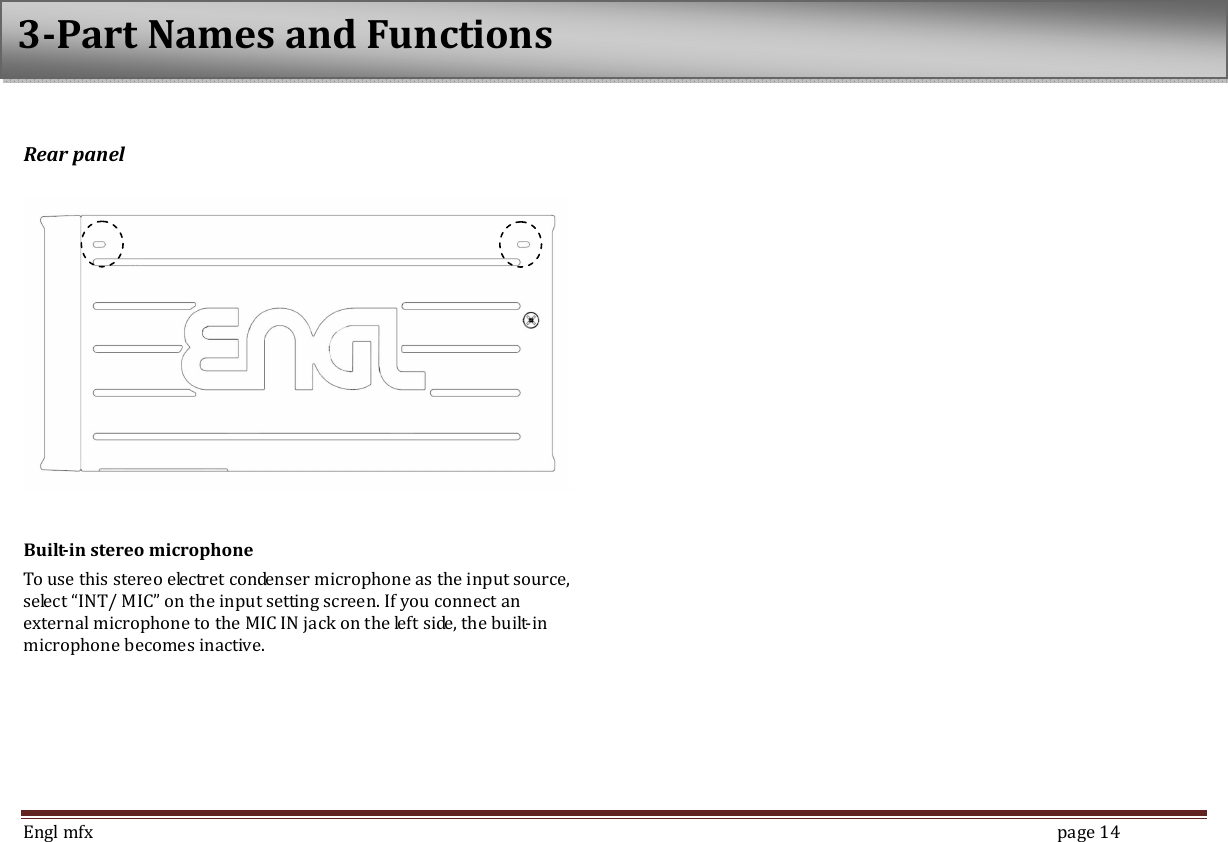  Engl mfx        page 14  Rear panel    Built-in stereo microphone To use this stereo electret condenser microphone as the input source, select &ldquo;INT/ MIC&rdquo; on the input setting screen. If you connect an external microphone to the MIC IN jack on the left side, the built-in microphone becomes inactive.   3-Part Names and Functions 