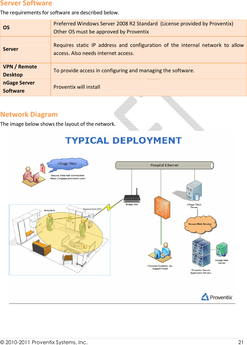  © 2010-2011 Proventix Systems, Inc.                    21  Server Software The requirements for software are described below.  OS Preferred Windows Server 2008 R2 Standard  (License provided by Proventix) Other OS must be approved by Proventix Server  Requires  static  IP  address  and  configuration  of  the  internal  network  to  allow access. Also needs internet access. VPN / Remote Desktop   To provide access in configuring and managing the software.  nGage Server Software  Proventix will install  Network Diagram The image below shows the layout of the network.     