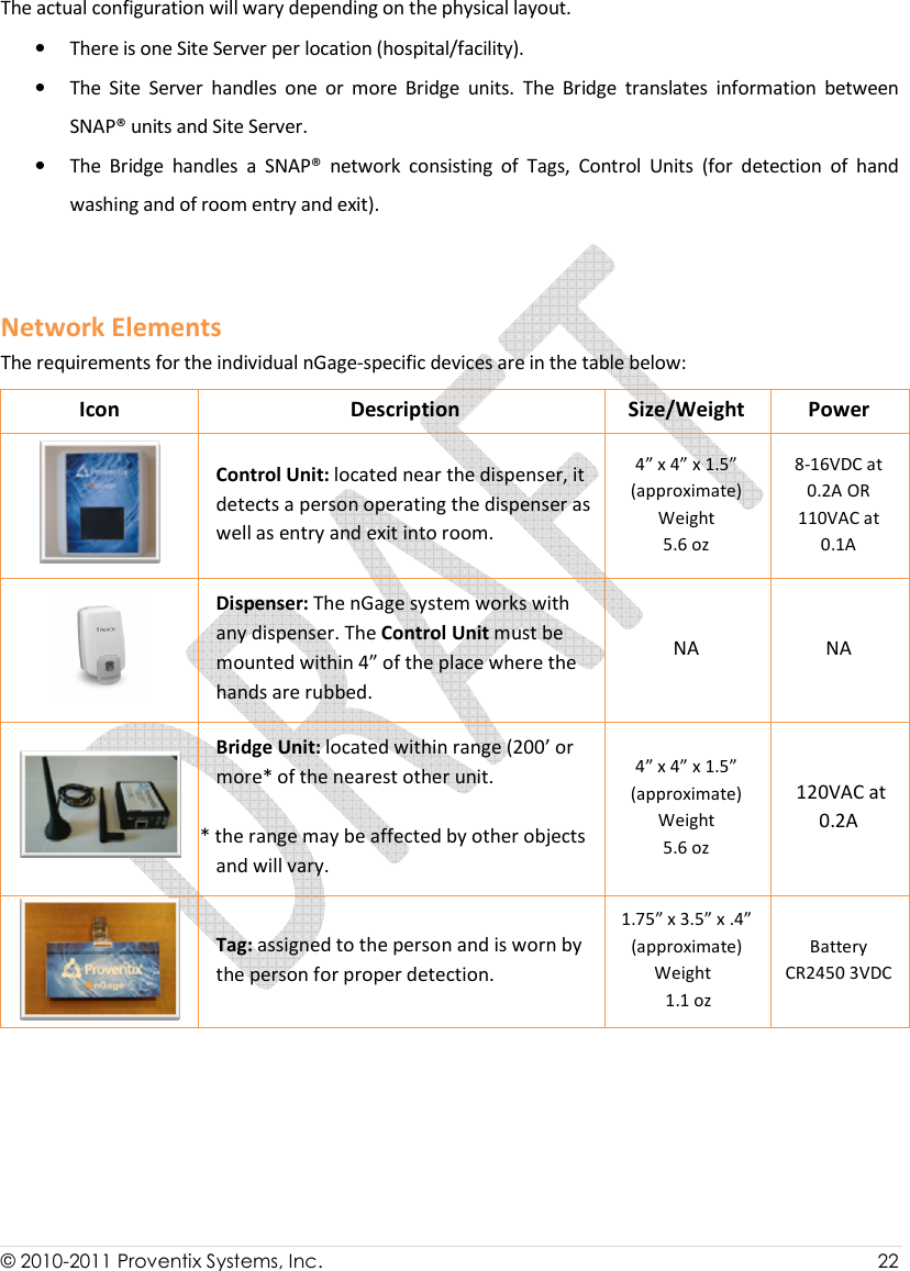  © 2010-2011 Proventix Systems, Inc.                    22  The actual configuration will wary depending on the physical layout.  • There is one Site Server per location (hospital/facility). • The  Site  Server  handles  one  or  more  Bridge  units.  The  Bridge  translates  information  between SNAP® units and Site Server.  • The  Bridge  handles  a  SNAP®  network  consisting  of  Tags,  Control  Units  (for  detection  of  hand washing and of room entry and exit).   Network Elements The requirements for the individual nGage-specific devices are in the table below: Icon  Description  Size/Weight  Power  Control Unit: located near the dispenser, it detects a person operating the dispenser as well as entry and exit into room.  4” x 4” x 1.5” (approximate) Weight 5.6 oz 8-16VDC at 0.2A OR 110VAC at 0.1A  Dispenser: The nGage system works with any dispenser. The Control Unit must be mounted within 4” of the place where the hands are rubbed.  NA  NA  Bridge Unit: located within range (200’ or more* of the nearest other unit.   * the range may be affected by other objects and will vary.  4” x 4” x 1.5” (approximate) Weight 5.6 oz  120VAC at 0.2A  Tag: assigned to the person and is worn by the person for proper detection.  1.75” x 3.5” x .4” (approximate) Weight  1.1 oz Battery CR2450 3VDC  