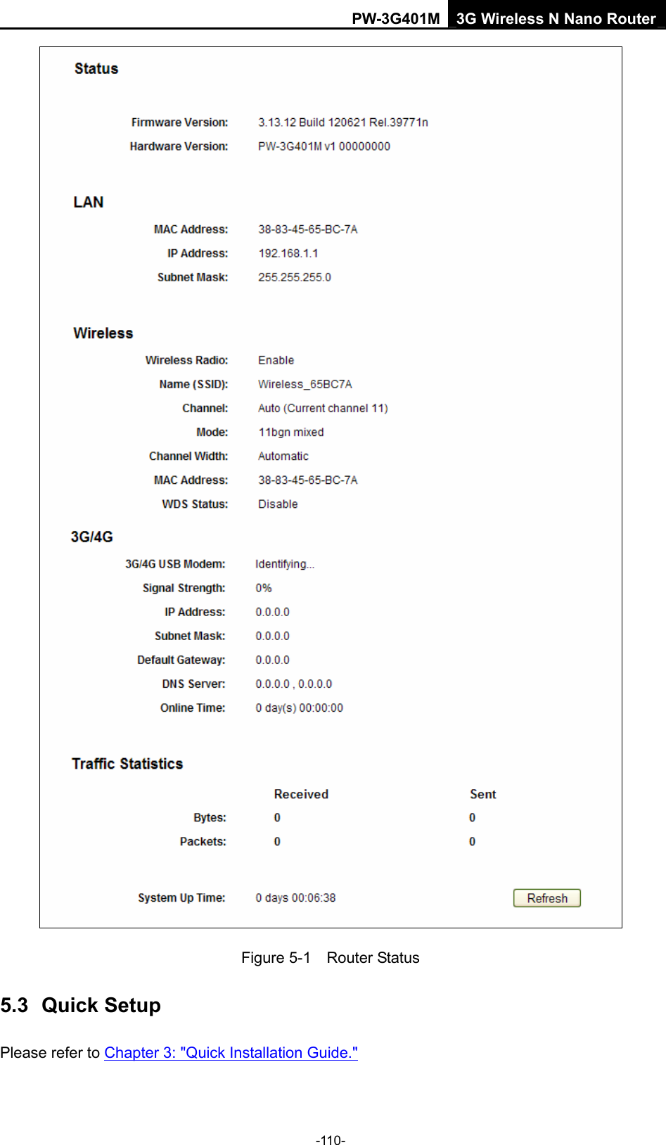 PW-3G401M 3G Wireless N Nano Router  Figure 5-1  Router Status 5.3  Quick Setup Please refer to Chapter 3: "Quick Installation Guide." -110- 