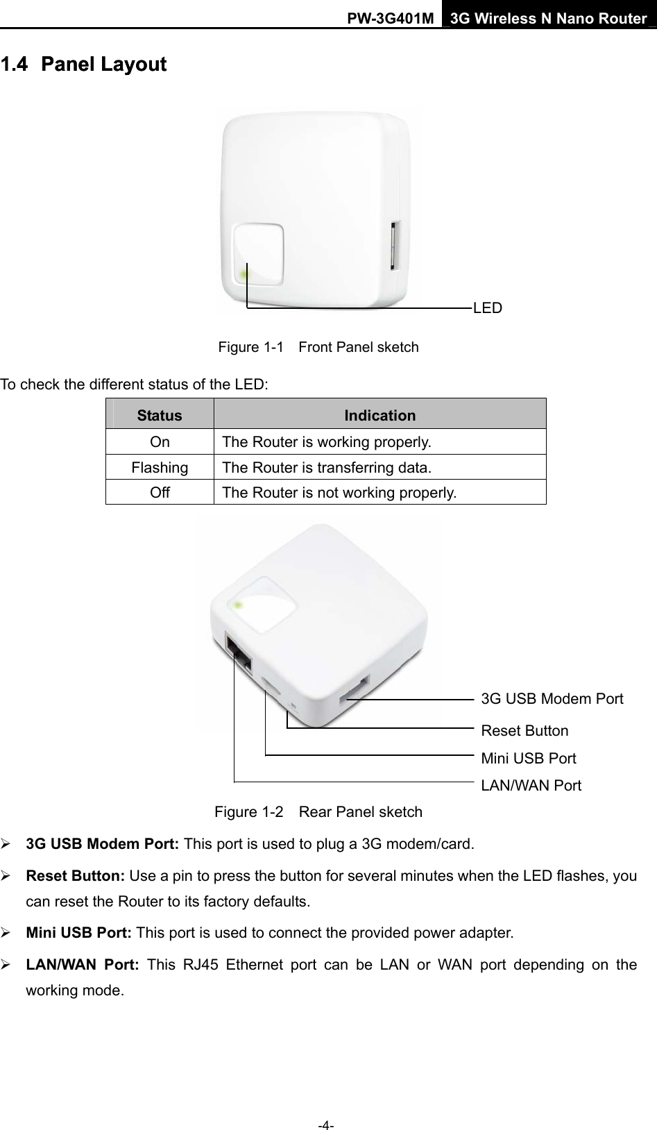 PW-3G401M 3G Wireless N Nano Router 1.4  Panel Layout .4  Panel Layout  Figure 1-1    Front Panel sketch LEDTo check the different status of the LED: Status  Indication On  The Router is working properly. Flashing  The Router is transferring data. Off  The Router is not working properly.  3G USB Modem PortReset Button  Mini USB Port LAN/WAN Port  Figure 1-2    Rear Panel sketch &frac34; 3G USB Modem Port: This port is used to plug a 3G modem/card.   &frac34; Reset Button: Use a pin to press the button for several minutes when the LED flashes, you can reset the Router to its factory defaults. &frac34; Mini USB Port: This port is used to connect the provided power adapter. &frac34; LAN/WAN Port: This RJ45 Ethernet port can be LAN or WAN port depending on the working mode. -4- 