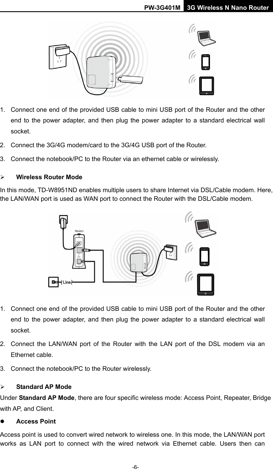 PW-3G401M 3G Wireless N Nano Router  1.  Connect one end of the provided USB cable to mini USB port of the Router and the other end to the power adapter, and then plug the power adapter to a standard electrical wall socket.  2.  Connect the 3G/4G modem/card to the 3G/4G USB port of the Router. 3. Connect the notebook/PC to the Router via an ethernet cable or wirelessly. &frac34; Wireless Router Mode In this mode, TD-W8951ND enables multiple users to share Internet via DSL/Cable modem. Here, the LAN/WAN port is used as WAN port to connect the Router with the DSL/Cable modem.  1.  Connect one end of the provided USB cable to mini USB port of the Router and the other end to the power adapter, and then plug the power adapter to a standard electrical wall socket. 2.  Connect the LAN/WAN port of the Router with the LAN port of the DSL modem via an Ethernet cable. 3.  Connect the notebook/PC to the Router wirelessly. &frac34; Standard AP Mode   Under Standard AP Mode, there are four specific wireless mode: Access Point, Repeater, Bridge with AP, and Client. z Access Point Access point is used to convert wired network to wireless one. In this mode, the LAN/WAN port works as LAN port to connect with the wired network via Ethernet cable. Users then can -6- 