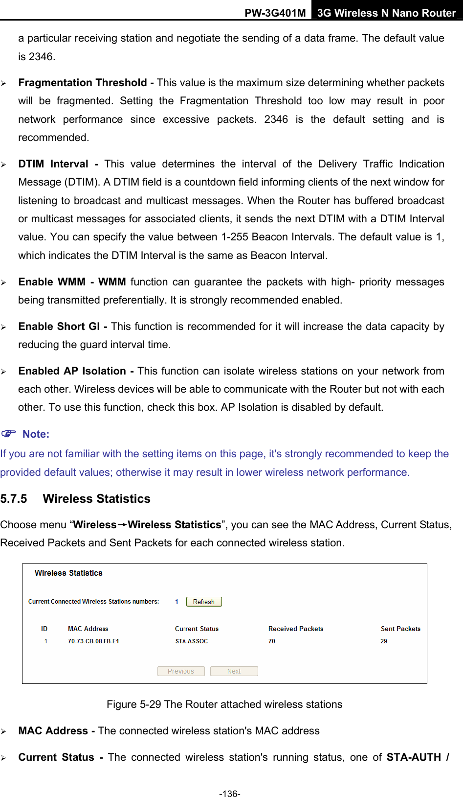 PW-3G401M 3G Wireless N Nano Router a particular receiving station and negotiate the sending of a data frame. The default value is 2346.   &frac34; Fragmentation Threshold - This value is the maximum size determining whether packets will be fragmented. Setting the Fragmentation Threshold too low may result in poor network performance since excessive packets. 2346 is the default setting and is recommended.  &frac34; DTIM Interval - This value determines the interval of the Delivery Traffic Indication Message (DTIM). A DTIM field is a countdown field informing clients of the next window for listening to broadcast and multicast messages. When the Router has buffered broadcast or multicast messages for associated clients, it sends the next DTIM with a DTIM Interval value. You can specify the value between 1-255 Beacon Intervals. The default value is 1, which indicates the DTIM Interval is the same as Beacon Interval.   &frac34; Enable WMM - WMM function can guarantee the packets with high- priority messages being transmitted preferentially. It is strongly recommended enabled.   &frac34; Enable Short GI - This function is recommended for it will increase the data capacity by reducing the guard interval time.  &frac34; Enabled AP Isolation - This function can isolate wireless stations on your network from each other. Wireless devices will be able to communicate with the Router but not with each other. To use this function, check this box. AP Isolation is disabled by default. ) Note: If you are not familiar with the setting items on this page, it's strongly recommended to keep the provided default values; otherwise it may result in lower wireless network performance. 5.7.5  Wireless Statistics Choose menu &ldquo;Wireless&rarr;Wireless Statistics&rdquo;, you can see the MAC Address, Current Status, Received Packets and Sent Packets for each connected wireless station.  Figure 5-29 The Router attached wireless stations &frac34; MAC Address - The connected wireless station's MAC address &frac34; Current Status - The connected wireless station's running status, one of STA-AUTH / -136- 