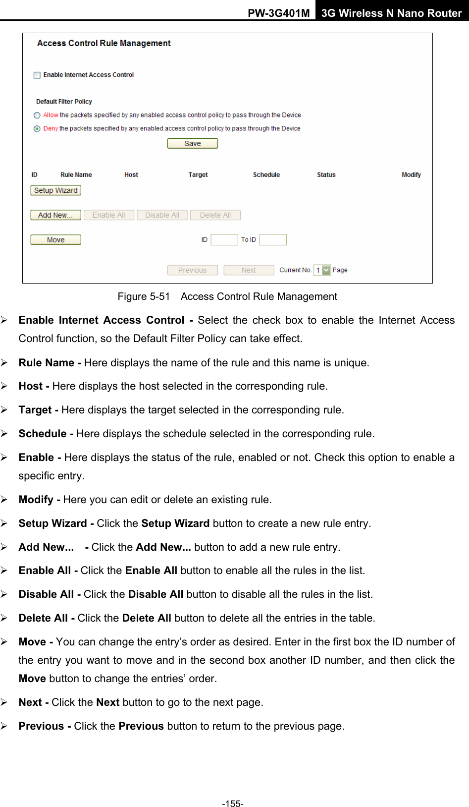PW-3G401M 3G Wireless N Nano Router  Figure 5-51    Access Control Rule Management &frac34; Enable Internet Access Control - Select the check box to enable the Internet Access Control function, so the Default Filter Policy can take effect.   &frac34; Rule Name - Here displays the name of the rule and this name is unique.   &frac34; Host - Here displays the host selected in the corresponding rule.   &frac34; Target - Here displays the target selected in the corresponding rule.   &frac34; Schedule - Here displays the schedule selected in the corresponding rule.   &frac34; Enable - Here displays the status of the rule, enabled or not. Check this option to enable a specific entry.   &frac34; Modify - Here you can edit or delete an existing rule.   &frac34; Setup Wizard - Click the Setup Wizard button to create a new rule entry. &frac34; Add New...    - Click the Add New... button to add a new rule entry. &frac34; Enable All - Click the Enable All button to enable all the rules in the list. &frac34; Disable All - Click the Disable All button to disable all the rules in the list. &frac34; Delete All - Click the Delete All button to delete all the entries in the table. &frac34; Move - You can change the entry&rsquo;s order as desired. Enter in the first box the ID number of the entry you want to move and in the second box another ID number, and then click the Move button to change the entries&rsquo; order. &frac34; Next - Click the Next button to go to the next page. &frac34; Previous - Click the Previous button to return to the previous page. -155- 