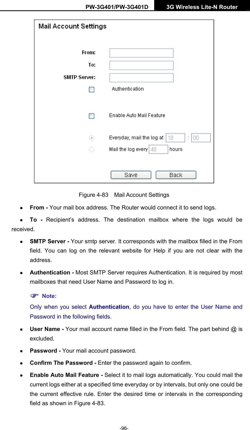 PW-3G401/PW-3G401D  3G Wireless Lite-N Router   Figure 4-83  Mail Account Settings z From - Your mail box address. The Router would connect it to send logs. z To -  Recipient&rsquo;s address. The destination mailbox where the logs would be received. z SMTP Server - Your smtp server. It corresponds with the mailbox filled in the From field. You can log on the relevant website for Help if you are not clear with the address. z Authentication - Most SMTP Server requires Authentication. It is required by most mailboxes that need User Name and Password to log in. ) Note: Only when you select Authentication, do you have to enter the User Name and Password in the following fields.   z User Name - Your mail account name filled in the From field. The part behind @ is excluded. z Password - Your mail account password. z Confirm The Password - Enter the password again to confirm. z Enable Auto Mail Feature - Select it to mail logs automatically. You could mail the current logs either at a specified time everyday or by intervals, but only one could be the current effective rule. Enter the desired time or intervals in the corresponding field as shown in Figure 4-83. -96- 