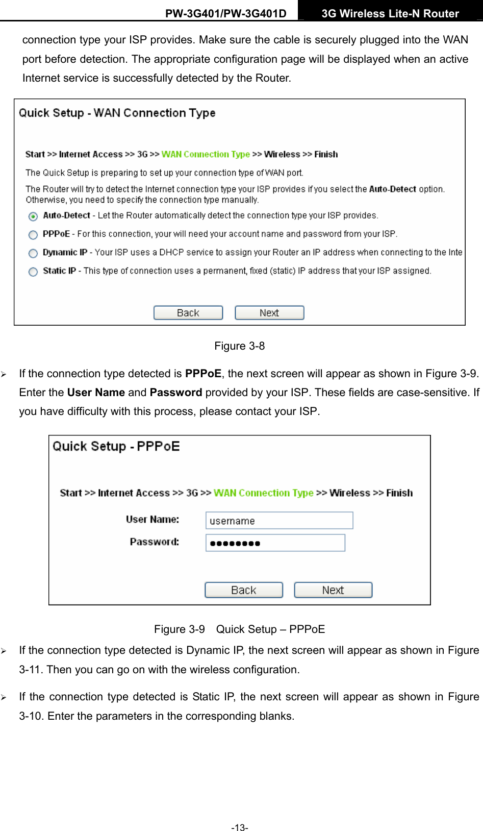 PW-3G401/PW-3G401D  3G Wireless Lite-N Router  connection type your ISP provides. Make sure the cable is securely plugged into the WAN port before detection. The appropriate configuration page will be displayed when an active Internet service is successfully detected by the Router.  Figure 3-8 &frac34; If the connection type detected is PPPoE, the next screen will appear as shown in Figure 3-9. Enter the User Name and Password provided by your ISP. These fields are case-sensitive. If you have difficulty with this process, please contact your ISP.  Figure 3-9    Quick Setup &ndash; PPPoE &frac34; If the connection type detected is Dynamic IP, the next screen will appear as shown in Figure 3-11. Then you can go on with the wireless configuration. &frac34; If the connection type detected is Static IP, the next screen will appear as shown in Figure 3-10. Enter the parameters in the corresponding blanks. -13- 