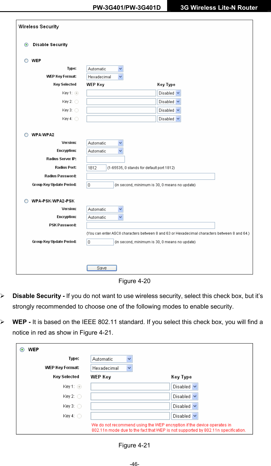 PW-3G401/PW-3G401D  3G Wireless Lite-N Router   Figure 4-20   &frac34; Disable Security - If you do not want to use wireless security, select this check box, but it&rsquo;s strongly recommended to choose one of the following modes to enable security. &frac34; WEP - It is based on the IEEE 802.11 standard. If you select this check box, you will find a notice in red as show in Figure 4-21.   Figure 4-21 -46- 