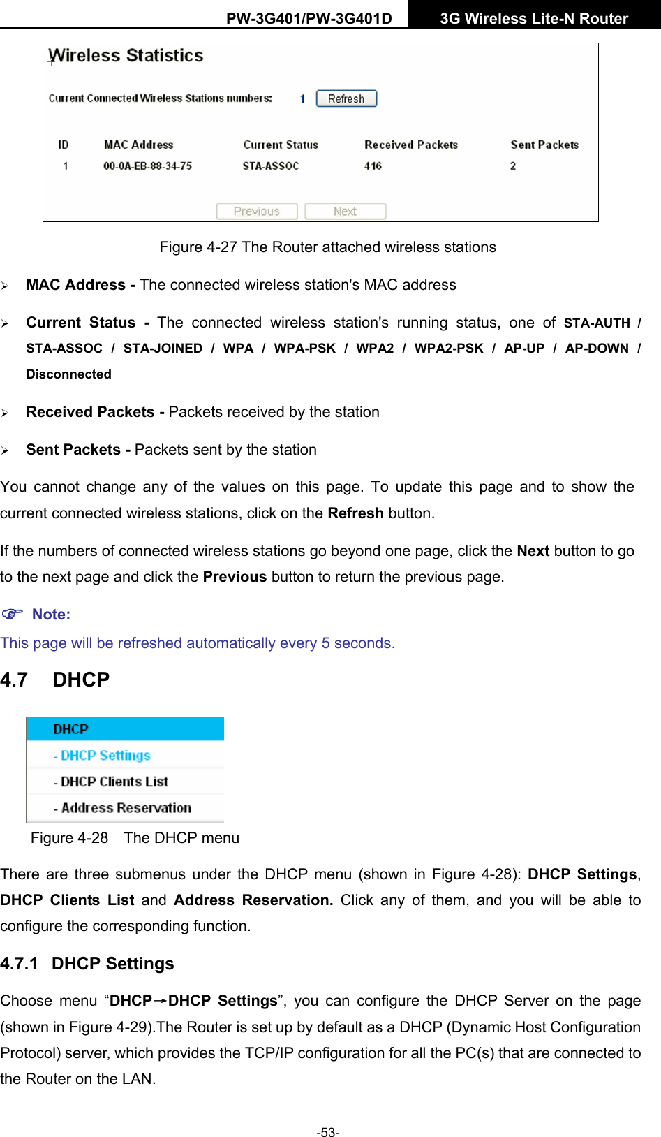 PW-3G401/PW-3G401D  3G Wireless Lite-N Router   Figure 4-27 The Router attached wireless stations &frac34; MAC Address - The connected wireless station's MAC address &frac34; Current Status - The connected wireless station's running status, one of STA-AUTH / STA-ASSOC / STA-JOINED / WPA / WPA-PSK / WPA2 / WPA2-PSK / AP-UP / AP-DOWN / Disconnected  &frac34; Received Packets - Packets received by the station &frac34; Sent Packets - Packets sent by the station You cannot change any of the values on this page. To update this page and to show the current connected wireless stations, click on the Refresh button.   If the numbers of connected wireless stations go beyond one page, click the Next button to go to the next page and click the Previous button to return the previous page. ) Note: This page will be refreshed automatically every 5 seconds. 4.7  DHCP  Figure 4-28    The DHCP menu There are three submenus under the DHCP menu (shown in Figure 4-28):  DHCP Settings, DHCP Clients List and  Address Reservation. Click any of them, and you will be able to configure the corresponding function. 4.7.1  DHCP Settings Choose menu &ldquo;DHCP&rarr;DHCP Settings&rdquo;, you can configure the DHCP Server on the page (shown in Figure 4-29).The Router is set up by default as a DHCP (Dynamic Host Configuration Protocol) server, which provides the TCP/IP configuration for all the PC(s) that are connected to the Router on the LAN.   -53- 