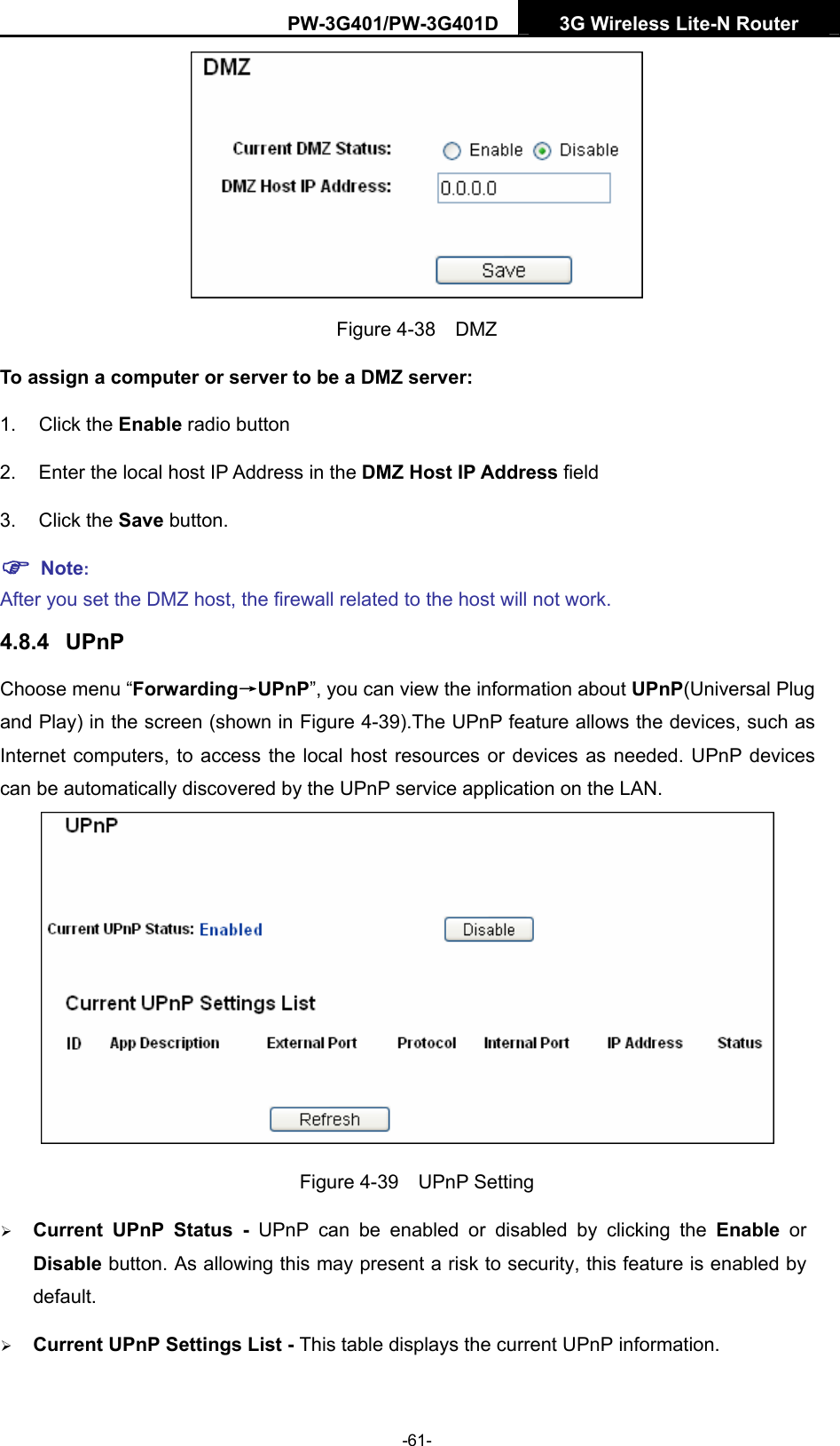 PW-3G401/PW-3G401D  3G Wireless Lite-N Router   Figure 4-38  DMZ To assign a computer or server to be a DMZ server:   1. Click the Enable radio button 2.  Enter the local host IP Address in the DMZ Host IP Address field 3. Click the Save button. ) Note:  After you set the DMZ host, the firewall related to the host will not work. 4.8.4  UPnP Choose menu &ldquo;Forwarding&rarr;UPnP&rdquo;, you can view the information about UPnP(Universal Plug and Play) in the screen (shown in Figure 4-39).The UPnP feature allows the devices, such as Internet computers, to access the local host resources or devices as needed. UPnP devices can be automatically discovered by the UPnP service application on the LAN.    Figure 4-39  UPnP Setting &frac34; Current UPnP Status - UPnP can be enabled or disabled by clicking the Enable or Disable button. As allowing this may present a risk to security, this feature is enabled by default.  &frac34; Current UPnP Settings List - This table displays the current UPnP information. -61- 