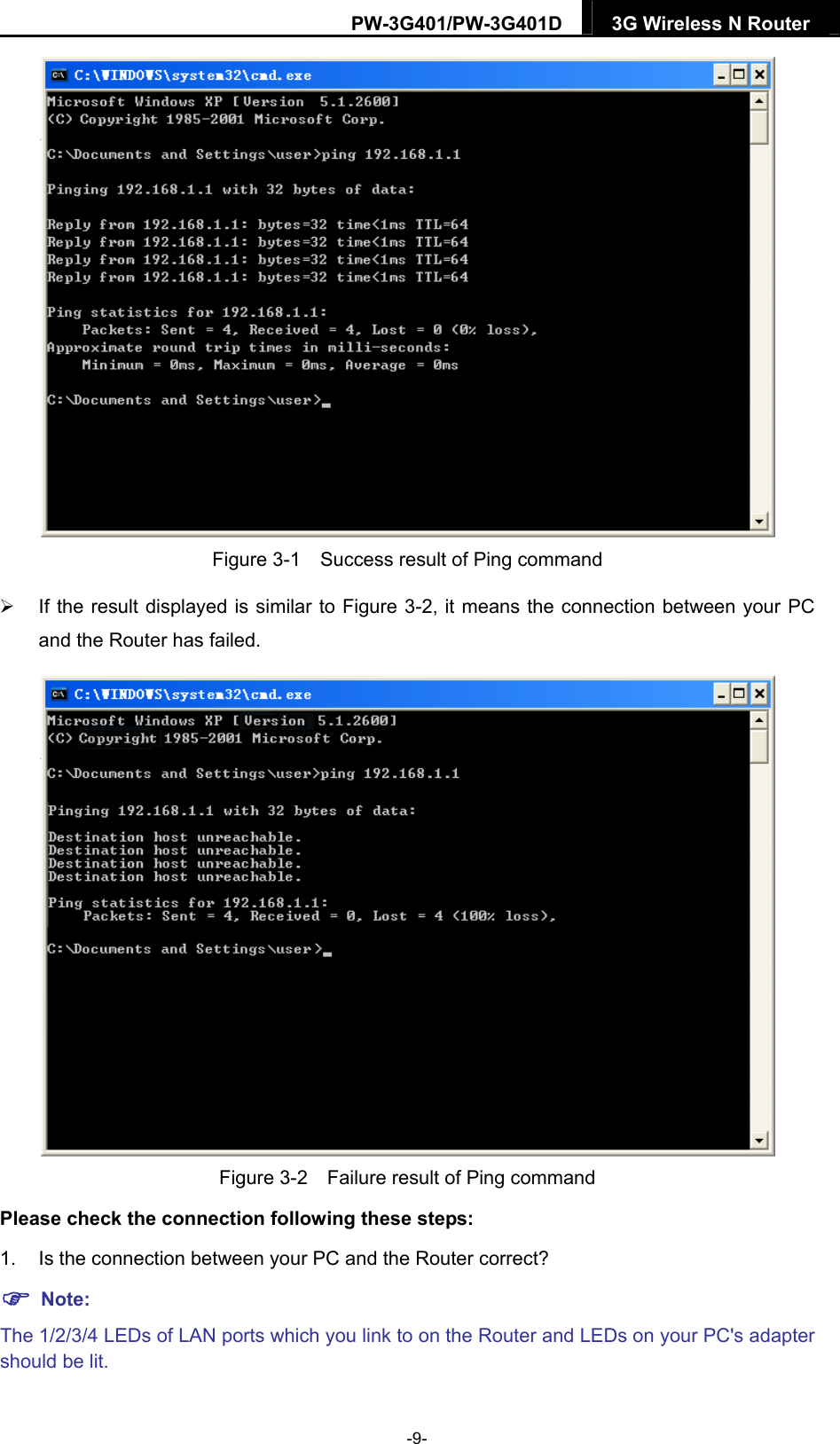 PW-3G401/PW-3G401D  3G Wireless N Router   Figure 3-1    Success result of Ping command   If the result displayed is similar to Figure 3-2, it means the connection between your PC and the Router has failed.    Figure 3-2    Failure result of Ping command Please check the connection following these steps: 1.  Is the connection between your PC and the Router correct?  Note: The 1/2/3/4 LEDs of LAN ports which you link to on the Router and LEDs on your PC's adapter should be lit. -9- 