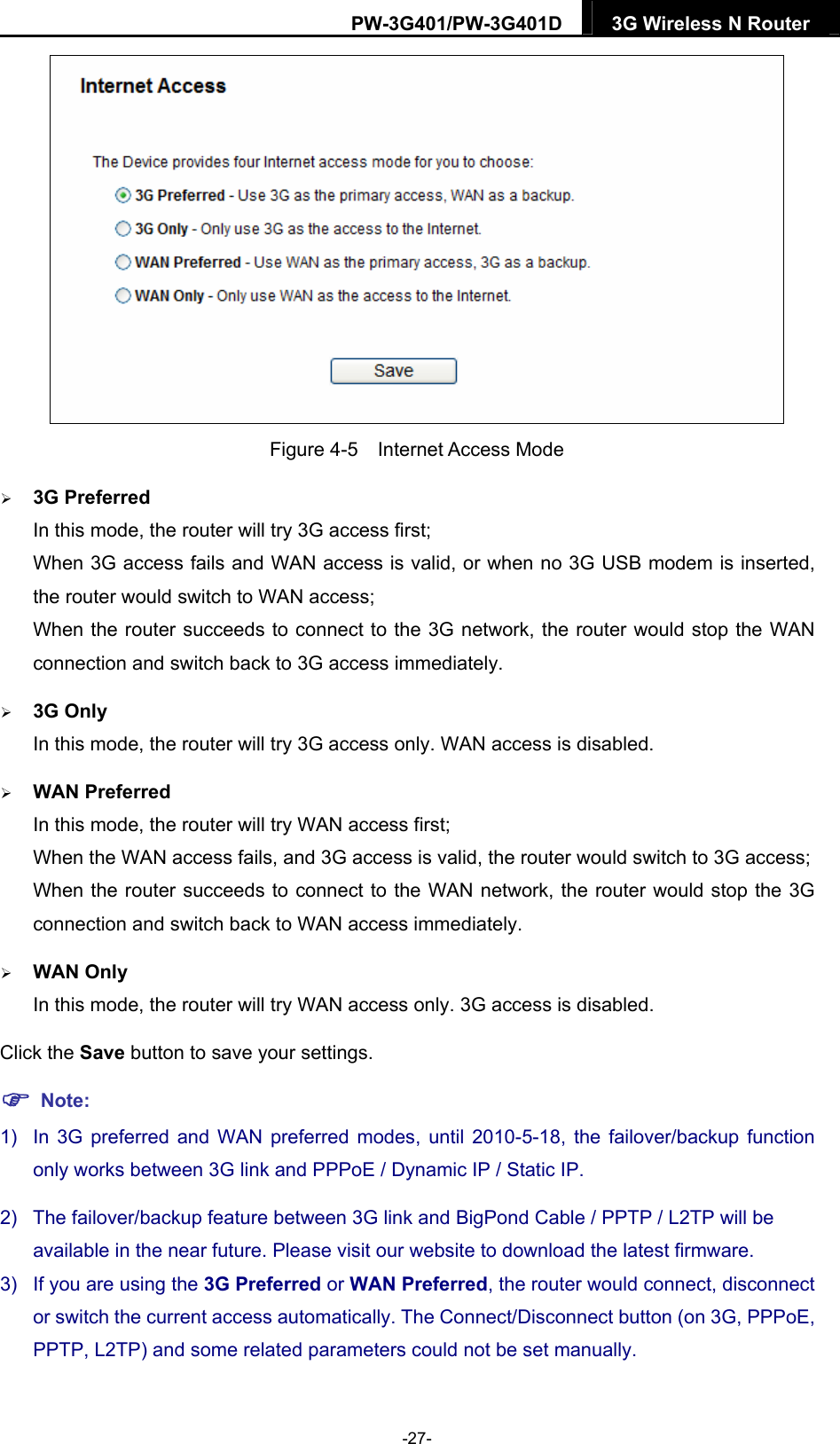 PW-3G401/PW-3G401D  3G Wireless N Router   Figure 4-5  Internet Access Mode  3G Preferred In this mode, the router will try 3G access first; When 3G access fails and WAN access is valid, or when no 3G USB modem is inserted, the router would switch to WAN access; When the router succeeds to connect to the 3G network, the router would stop the WAN connection and switch back to 3G access immediately.  3G Only In this mode, the router will try 3G access only. WAN access is disabled.  WAN Preferred In this mode, the router will try WAN access first; When the WAN access fails, and 3G access is valid, the router would switch to 3G access; When the router succeeds to connect to the WAN network, the router would stop the 3G connection and switch back to WAN access immediately.  WAN Only In this mode, the router will try WAN access only. 3G access is disabled. Click the Save button to save your settings.  Note: 1)  In 3G preferred and WAN preferred modes, until 2010-5-18, the failover/backup function only works between 3G link and PPPoE / Dynamic IP / Static IP.   2)  The failover/backup feature between 3G link and BigPond Cable / PPTP / L2TP will be available in the near future. Please visit our website to download the latest firmware. 3)  If you are using the 3G Preferred or WAN Preferred, the router would connect, disconnect or switch the current access automatically. The Connect/Disconnect button (on 3G, PPPoE, PPTP, L2TP) and some related parameters could not be set manually. -27- 