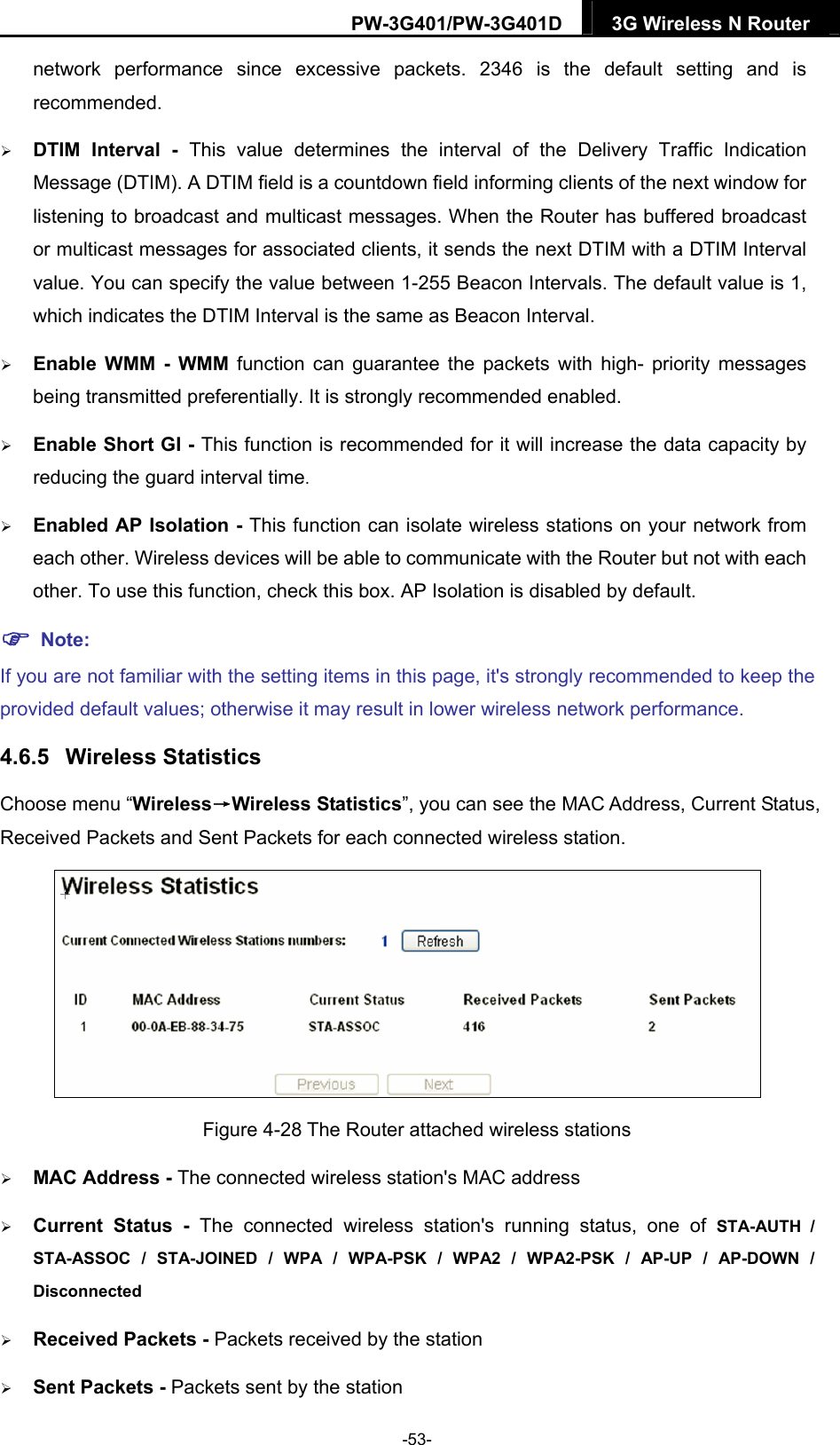 PW-3G401/PW-3G401D  3G Wireless N Router  network performance since excessive packets. 2346 is the default setting and is recommended.   DTIM Interval - This value determines the interval of the Delivery Traffic Indication Message (DTIM). A DTIM field is a countdown field informing clients of the next window for listening to broadcast and multicast messages. When the Router has buffered broadcast or multicast messages for associated clients, it sends the next DTIM with a DTIM Interval value. You can specify the value between 1-255 Beacon Intervals. The default value is 1, which indicates the DTIM Interval is the same as Beacon Interval.    Enable WMM - WMM function can guarantee the packets with high- priority messages being transmitted preferentially. It is strongly recommended enabled.    Enable Short GI - This function is recommended for it will increase the data capacity by reducing the guard interval time.   Enabled AP Isolation - This function can isolate wireless stations on your network from each other. Wireless devices will be able to communicate with the Router but not with each other. To use this function, check this box. AP Isolation is disabled by default.  Note: If you are not familiar with the setting items in this page, it's strongly recommended to keep the provided default values; otherwise it may result in lower wireless network performance. 4.6.5  Wireless Statistics Choose menu &ldquo;Wireless&rarr;Wireless Statistics&rdquo;, you can see the MAC Address, Current Status, Received Packets and Sent Packets for each connected wireless station.  Figure 4-28 The Router attached wireless stations  MAC Address - The connected wireless station's MAC address  Current Status - The connected wireless station's running status, one of STA-AUTH / STA-ASSOC / STA-JOINED / WPA / WPA-PSK / WPA2 / WPA2-PSK / AP-UP / AP-DOWN / Disconnected   Received Packets - Packets received by the station  Sent Packets - Packets sent by the station -53- 