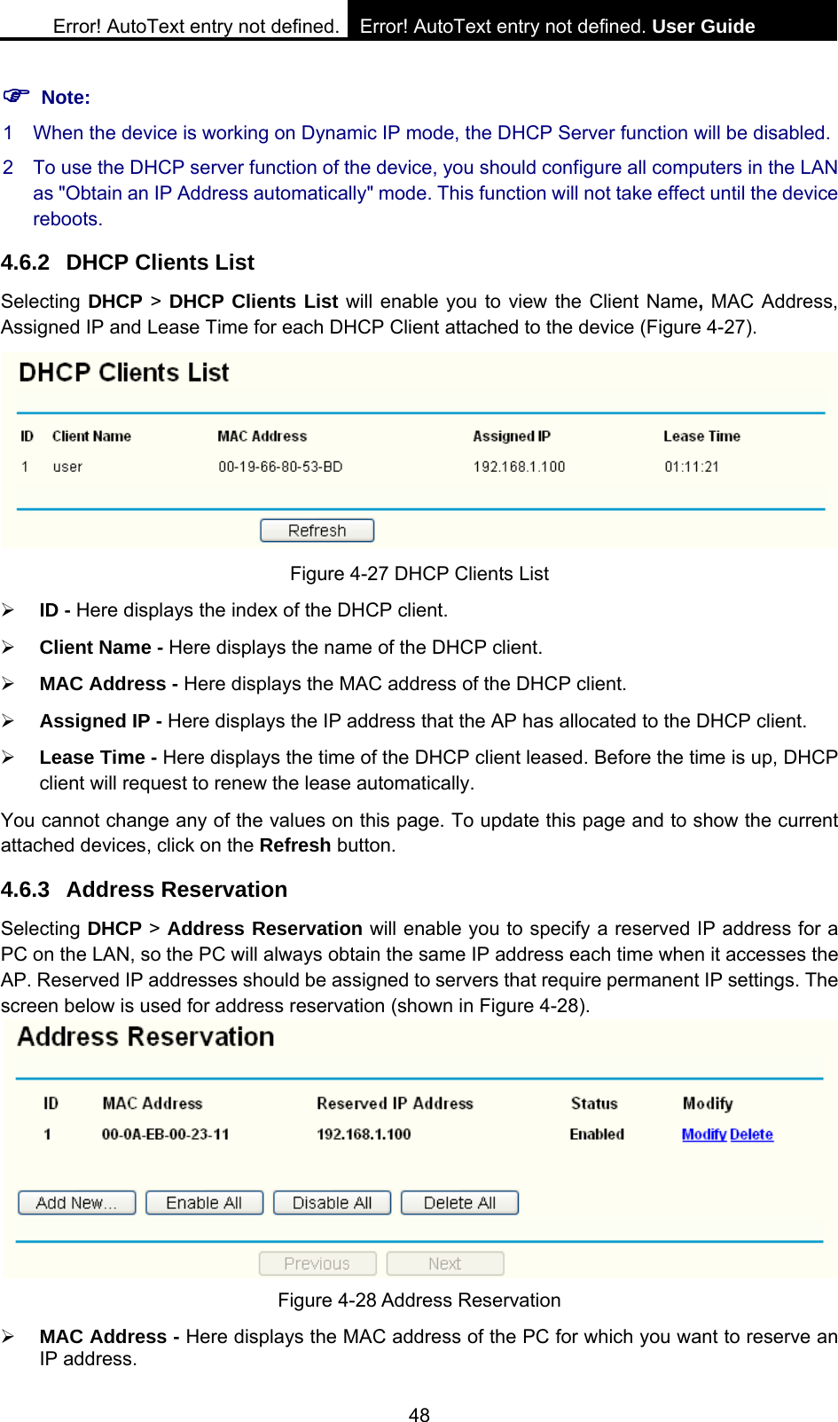 Error! AutoText entry not defined. Error! AutoText entry not defined. User Guide  48 ) Note: 1  When the device is working on Dynamic IP mode, the DHCP Server function will be disabled.   2  To use the DHCP server function of the device, you should configure all computers in the LAN as "Obtain an IP Address automatically" mode. This function will not take effect until the device reboots.  4.6.2  DHCP Clients List Selecting DHCP > DHCP Clients List will enable you to view the Client Name, MAC Address, Assigned IP and Lease Time for each DHCP Client attached to the device (Figure 4-27).  Figure 4-27 DHCP Clients List &frac34; ID - Here displays the index of the DHCP client. &frac34; Client Name - Here displays the name of the DHCP client. &frac34; MAC Address - Here displays the MAC address of the DHCP client. &frac34; Assigned IP - Here displays the IP address that the AP has allocated to the DHCP client. &frac34; Lease Time - Here displays the time of the DHCP client leased. Before the time is up, DHCP client will request to renew the lease automatically. You cannot change any of the values on this page. To update this page and to show the current attached devices, click on the Refresh button. 4.6.3 Address Reservation Selecting DHCP > Address Reservation will enable you to specify a reserved IP address for a PC on the LAN, so the PC will always obtain the same IP address each time when it accesses the AP. Reserved IP addresses should be assigned to servers that require permanent IP settings. The screen below is used for address reservation (shown in Figure 4-28).  Figure 4-28 Address Reservation &frac34; MAC Address - Here displays the MAC address of the PC for which you want to reserve an IP address. 