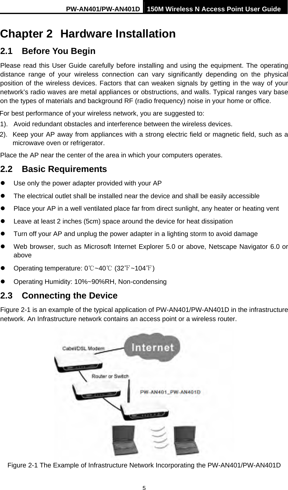 PW-AN401/PW-AN401D 150M Wireless N Access Point User Guide 5 Chapter 2  Hardware Installation 2.1  Before You Begin Please read this User Guide carefully before installing and using the equipment. The operating distance range of your wireless connection can vary significantly depending on the physical position of the wireless devices. Factors that can weaken signals by getting in the way of your network&rsquo;s radio waves are metal appliances or obstructions, and walls. Typical ranges vary base on the types of materials and background RF (radio frequency) noise in your home or office. For best performance of your wireless network, you are suggested to: 1).  Avoid redundant obstacles and interference between the wireless devices.   2).  Keep your AP away from appliances with a strong electric field or magnetic field, such as a microwave oven or refrigerator. Place the AP near the center of the area in which your computers operates. 2.2  Basic Requirements z  Use only the power adapter provided with your AP   z  The electrical outlet shall be installed near the device and shall be easily accessible z  Place your AP in a well ventilated place far from direct sunlight, any heater or heating vent z  Leave at least 2 inches (5cm) space around the device for heat dissipation z  Turn off your AP and unplug the power adapter in a lighting storm to avoid damage z  Web browser, such as Microsoft Internet Explorer 5.0 or above, Netscape Navigator 6.0 or above z  Operating temperature: 0℃~40℃ (32℉~104℉) z  Operating Humidity: 10%~90%RH, Non-condensing 2.3  Connecting the Device Figure 2-1 is an example of the typical application of PW-AN401/PW-AN401D in the infrastructure network. An Infrastructure network contains an access point or a wireless router.  Figure 2-1 The Example of Infrastructure Network Incorporating the PW-AN401/PW-AN401D 