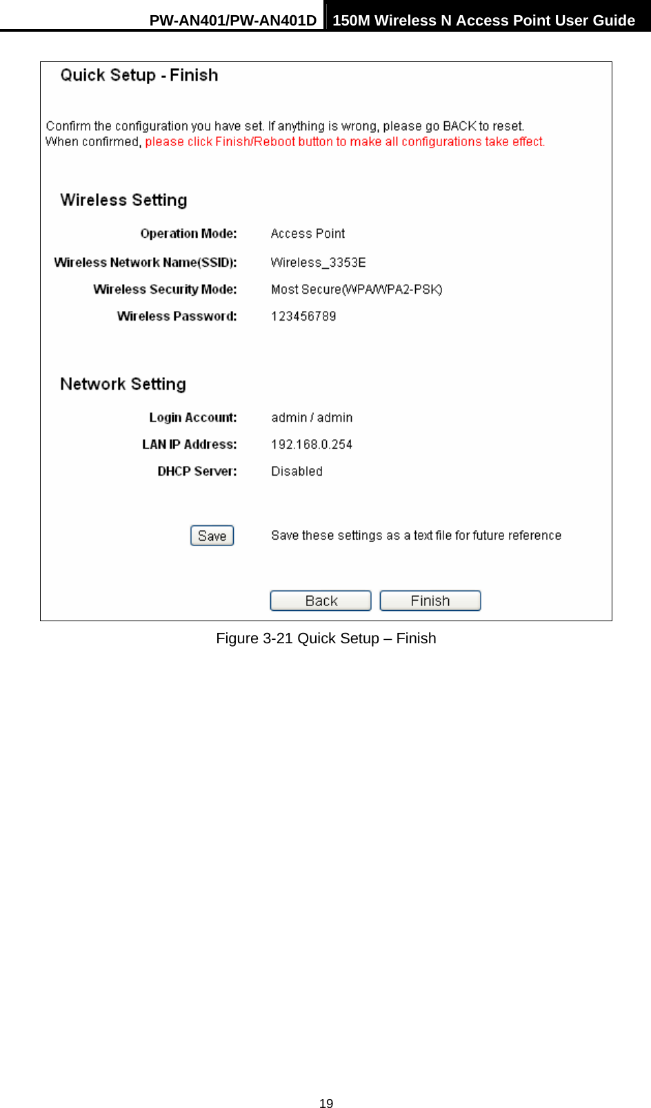 PW-AN401/PW-AN401D 150M Wireless N Access Point User Guide 19  Figure 3-21 Quick Setup &ndash; Finish  