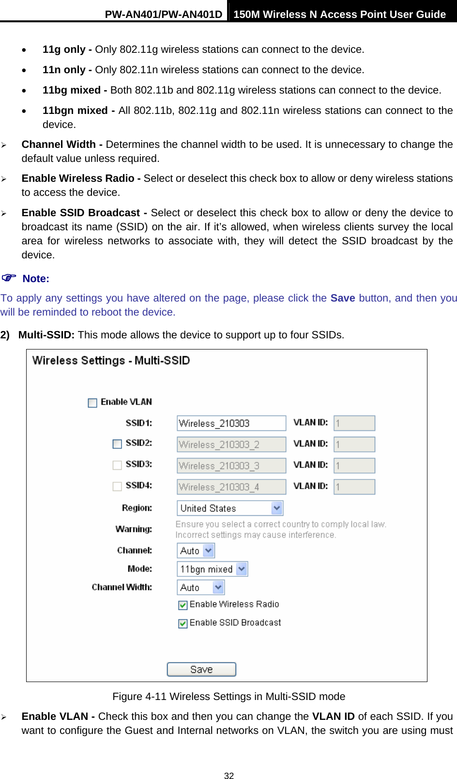 PW-AN401/PW-AN401D 150M Wireless N Access Point User Guide 32 &bull; 11g only - Only 802.11g wireless stations can connect to the device. &bull; 11n only - Only 802.11n wireless stations can connect to the device. &bull; 11bg mixed - Both 802.11b and 802.11g wireless stations can connect to the device. &bull; 11bgn mixed - All 802.11b, 802.11g and 802.11n wireless stations can connect to the device. &frac34; Channel Width - Determines the channel width to be used. It is unnecessary to change the default value unless required. &frac34; Enable Wireless Radio - Select or deselect this check box to allow or deny wireless stations to access the device.   &frac34; Enable SSID Broadcast - Select or deselect this check box to allow or deny the device to broadcast its name (SSID) on the air. If it&rsquo;s allowed, when wireless clients survey the local area for wireless networks to associate with, they will detect the SSID broadcast by the device.  ) Note: To apply any settings you have altered on the page, please click the Save button, and then you will be reminded to reboot the device. 2) Multi-SSID: This mode allows the device to support up to four SSIDs.  Figure 4-11 Wireless Settings in Multi-SSID mode &frac34; Enable VLAN - Check this box and then you can change the VLAN ID of each SSID. If you want to configure the Guest and Internal networks on VLAN, the switch you are using must 