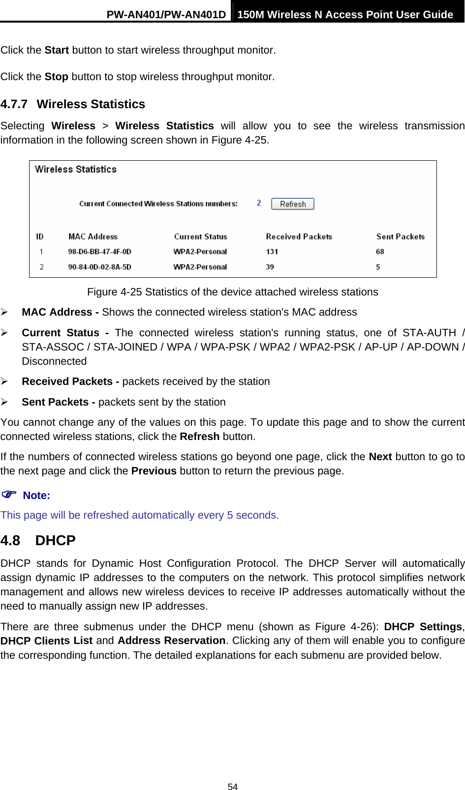 PW-AN401/PW-AN401D 150M Wireless N Access Point User Guide 54 Click the Start button to start wireless throughput monitor. Click the Stop button to stop wireless throughput monitor. 4.7.7  Wireless Statistics Selecting  Wireless > Wireless Statistics will allow you to see the wireless transmission information in the following screen shown in Figure 4-25.  Figure 4-25 Statistics of the device attached wireless stations &frac34; MAC Address - Shows the connected wireless station's MAC address &frac34; Current Status - The connected wireless station's running status, one of STA-AUTH / STA-ASSOC / STA-JOINED / WPA / WPA-PSK / WPA2 / WPA2-PSK / AP-UP / AP-DOWN / Disconnected &frac34; Received Packets - packets received by the station &frac34; Sent Packets - packets sent by the station You cannot change any of the values on this page. To update this page and to show the current connected wireless stations, click the Refresh button. If the numbers of connected wireless stations go beyond one page, click the Next button to go to the next page and click the Previous button to return the previous page. ) Note: This page will be refreshed automatically every 5 seconds. 4.8  DHCP DHCP stands for Dynamic Host Configuration Protocol. The DHCP Server will automatically assign dynamic IP addresses to the computers on the network. This protocol simplifies network management and allows new wireless devices to receive IP addresses automatically without the need to manually assign new IP addresses.   There are three submenus under the DHCP menu (shown as Figure 4-26): DHCP Settings, DHCP Clients List and Address Reservation. Clicking any of them will enable you to configure the corresponding function. The detailed explanations for each submenu are provided below. 