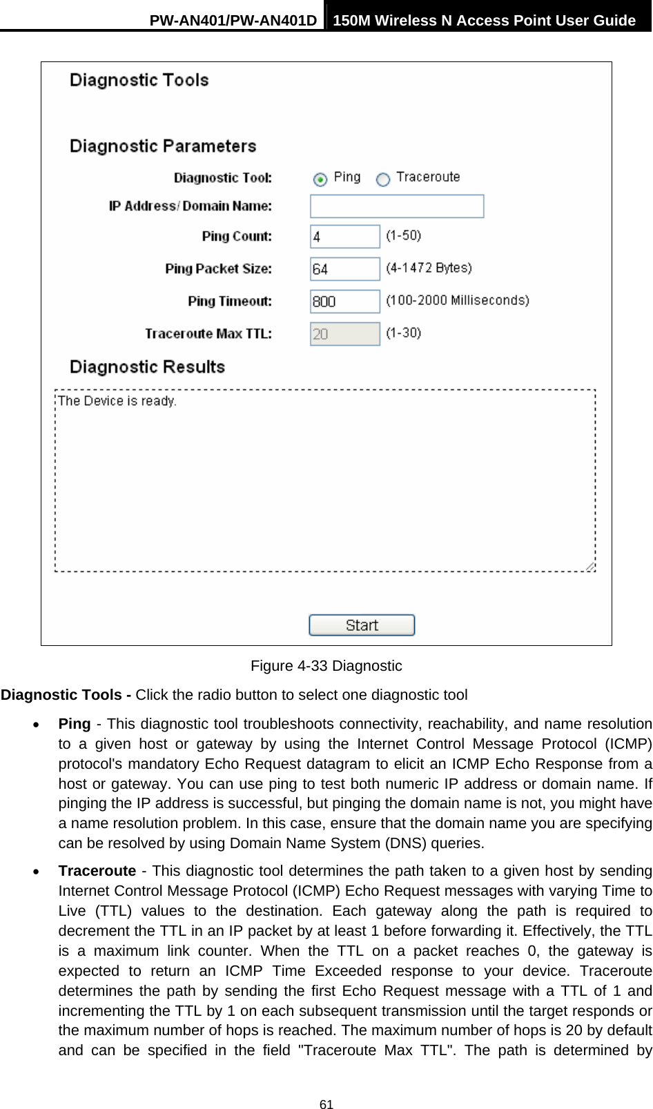 PW-AN401/PW-AN401D 150M Wireless N Access Point User Guide 61  Figure 4-33 Diagnostic Diagnostic Tools - Click the radio button to select one diagnostic tool &bull; Ping - This diagnostic tool troubleshoots connectivity, reachability, and name resolution to a given host or gateway by using the Internet Control Message Protocol (ICMP) protocol's mandatory Echo Request datagram to elicit an ICMP Echo Response from a host or gateway. You can use ping to test both numeric IP address or domain name. If pinging the IP address is successful, but pinging the domain name is not, you might have a name resolution problem. In this case, ensure that the domain name you are specifying can be resolved by using Domain Name System (DNS) queries.   &bull; Traceroute - This diagnostic tool determines the path taken to a given host by sending Internet Control Message Protocol (ICMP) Echo Request messages with varying Time to Live (TTL) values to the destination. Each gateway along the path is required to decrement the TTL in an IP packet by at least 1 before forwarding it. Effectively, the TTL is a maximum link counter. When the TTL on a packet reaches 0, the gateway is expected to return an ICMP Time Exceeded response to your device. Traceroute determines the path by sending the first Echo Request message with a TTL of 1 and incrementing the TTL by 1 on each subsequent transmission until the target responds or the maximum number of hops is reached. The maximum number of hops is 20 by default and can be specified in the field "Traceroute Max TTL". The path is determined by 