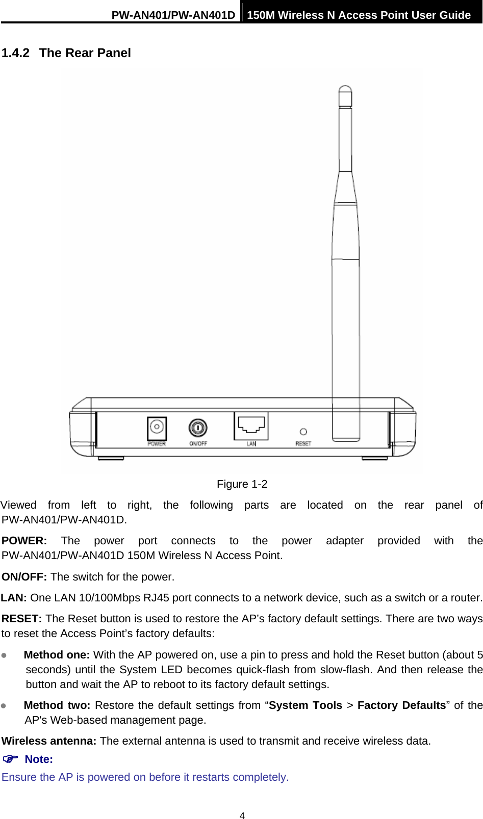 PW-AN401/PW-AN401D 150M Wireless N Access Point User Guide 4 1.4.2  The Rear Panel  Figure 1-2 Viewed from left to right, the following parts are located on the rear panel of PW-AN401/PW-AN401D. POWER:  The power port connects to the power adapter provided with the PW-AN401/PW-AN401D 150M Wireless N Access Point. ON/OFF: The switch for the power. LAN: One LAN 10/100Mbps RJ45 port connects to a network device, such as a switch or a router. RESET: The Reset button is used to restore the AP&rsquo;s factory default settings. There are two ways to reset the Access Point&rsquo;s factory defaults:   z Method one: With the AP powered on, use a pin to press and hold the Reset button (about 5 seconds) until the System LED becomes quick-flash from slow-flash. And then release the button and wait the AP to reboot to its factory default settings.   z Method two: Restore the default settings from &ldquo;System Tools > Factory Defaults&rdquo; of the AP's Web-based management page. Wireless antenna: The external antenna is used to transmit and receive wireless data. ) Note: Ensure the AP is powered on before it restarts completely. 