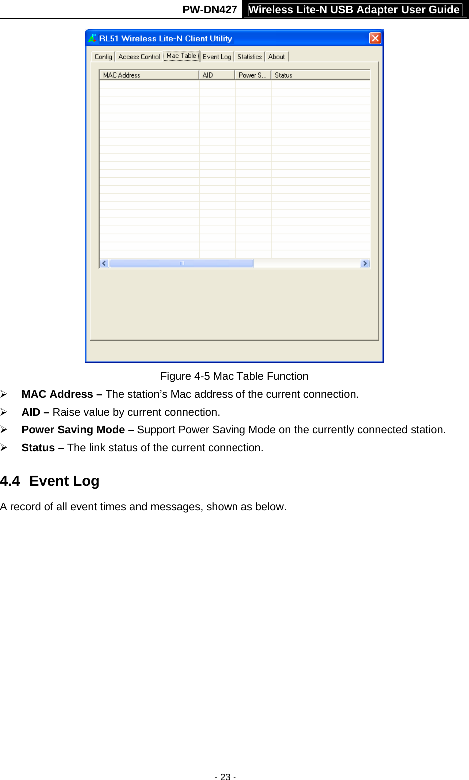 Wireless Lite-N USB Adapter User GuidePW-DN427 - 23 -  Figure 4-5 Mac Table Function &frac34; MAC Address &ndash; The station&rsquo;s Mac address of the current connection. &frac34; AID &ndash; Raise value by current connection. &frac34; Power Saving Mode &ndash; Support Power Saving Mode on the currently connected station. &frac34; Status &ndash; The link status of the current connection.   4.4  Event Log A record of all event times and messages, shown as below. 