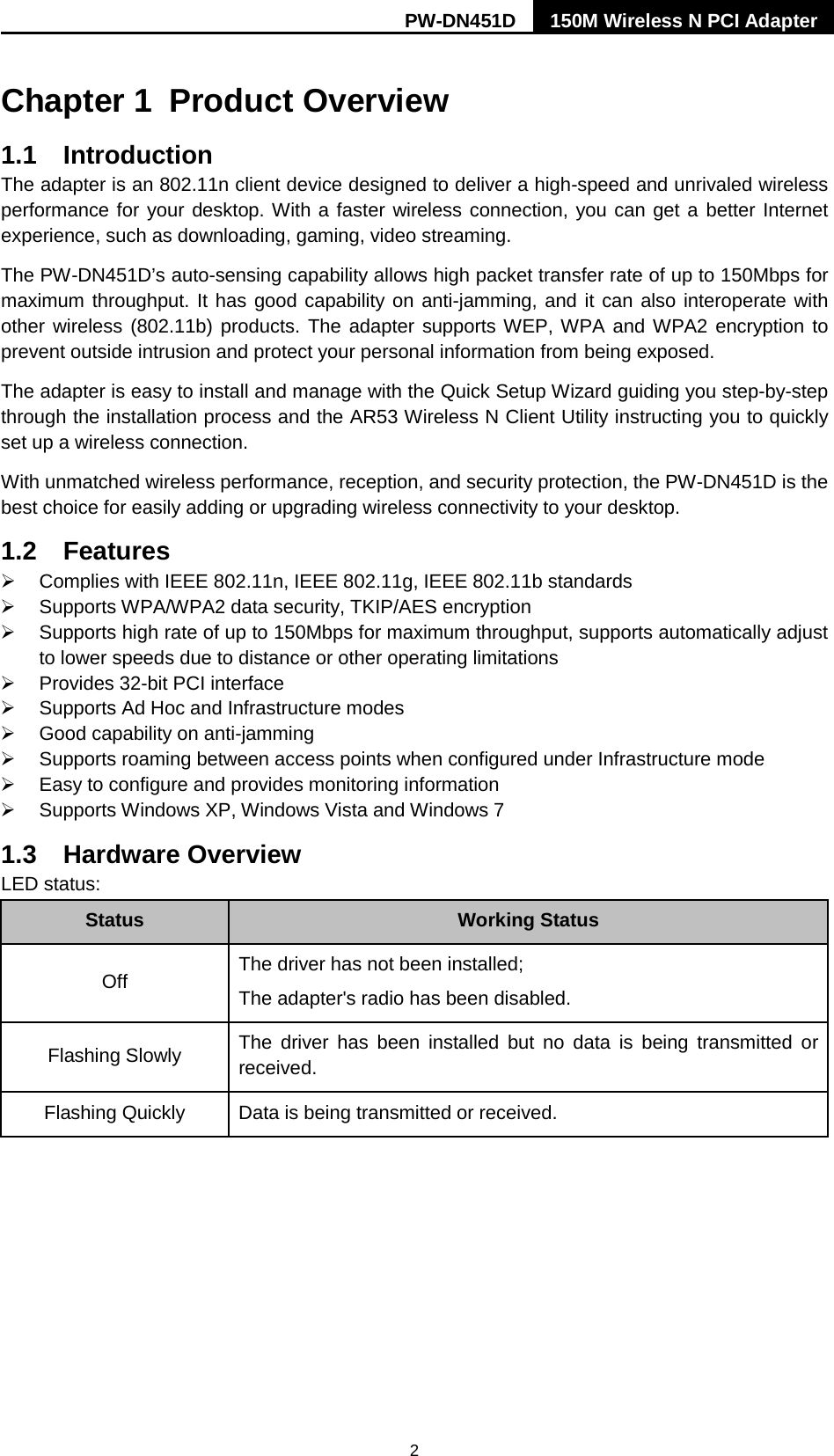 2 Chapter 1 Product Overview 1.1 Introduction The adapter is an 802.11n client device designed to deliver a high-speed and unrivaled wireless performance for your desktop. With a faster wireless connection, you can get a better Internet experience, such as downloading, gaming, video streaming. The PW-DN451D&rsquo;s auto-sensing capability allows high packet transfer rate of up to 150Mbps for maximum throughput. It has good capability on anti-jamming, and it can also interoperate with other wireless (802.11b) products. The adapter supports WEP, WPA and WPA2 encryption to prevent outside intrusion and protect your personal information from being exposed. The adapter is easy to install and manage with the Quick Setup Wizard guiding you step-by-step through the installation process and the AR53 Wireless N Client Utility instructing you to quickly set up a wireless connection. With unmatched wireless performance, reception, and security protection, the PW-DN451D is the best choice for easily adding or upgrading wireless connectivity to your desktop. 1.2 Features  Complies with IEEE 802.11n, IEEE 802.11g, IEEE 802.11b standards  Supports WPA/WPA2 data security, TKIP/AES encryption  Supports high rate of up to 150Mbps for maximum throughput, supports automatically adjust to lower speeds due to distance or other operating limitations  Provides 32-bit PCI interface  Supports Ad Hoc and Infrastructure modes  Good capability on anti-jamming  Supports roaming between access points when configured under Infrastructure mode  Easy to configure and provides monitoring information  Supports Windows XP, Windows Vista and Windows 7 1.3 Hardware Overview LED status: Status Working Status Off The driver has not been installed; The adapter's radio has been disabled. Flashing Slowly   The driver has been installed but no data is being transmitted or received. Flashing Quickly   Data is being transmitted or received.  PW-DN451D 150M Wireless N PCI Adapter  