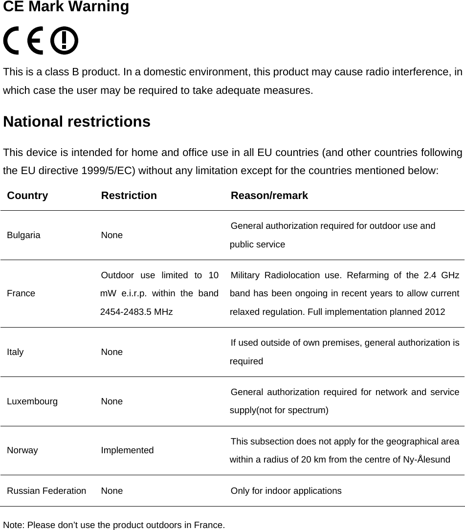 CE Mark Warning  This is a class B product. In a domestic environment, this product may cause radio interference, in which case the user may be required to take adequate measures. National restrictions This device is intended for home and office use in all EU countries (and other countries following the EU directive 1999/5/EC) without any limitation except for the countries mentioned below: Country Restriction  Reason/remark Bulgaria None  General authorization required for outdoor use and public service France Outdoor use limited to 10 mW e.i.r.p. within the band 2454-2483.5 MHz Military Radiolocation use. Refarming of the 2.4 GHz band has been ongoing in recent years to allow current relaxed regulation. Full implementation planned 2012 Italy None  If used outside of own premises, general authorization is required Luxembourg None  General authorization required for network and service supply(not for spectrum) Norway Implemented  This subsection does not apply for the geographical area within a radius of 20 km from the centre of Ny-&Aring;lesund Russian Federation  None  Only for indoor applications Note: Please don&rsquo;t use the product outdoors in France. 